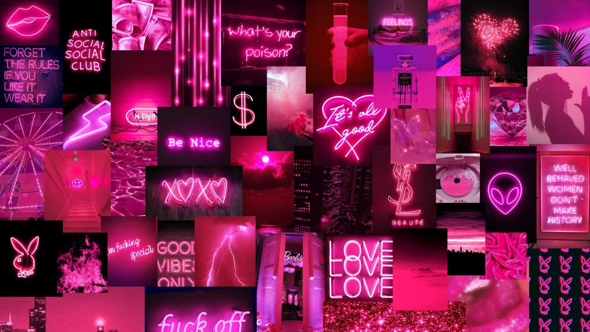 Collage, Neonschilder, Pink, Ästhetik, Love, Herzen, Hintergrundbild