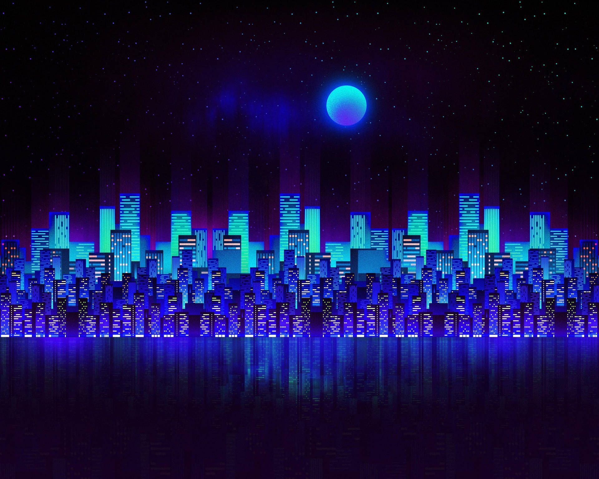 Skyline, Neonstadt, Mond, Spiegelung, Blau, Nacht, Full HD, Desktop-Hintergrund für Windows