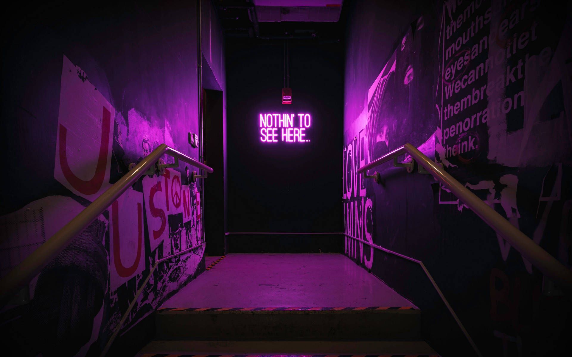 Neonschild, Treppe, Graffiti, Lila, Dunkel, 16:10, Full-HD-Hintergrundbild für den Desktop