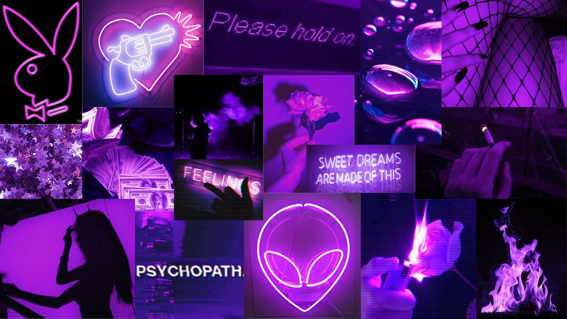 Collage, Alien, Neonschilder, Lila, Ästhetik, Psychopath, 1920x1080, PC-Hintergrundbild