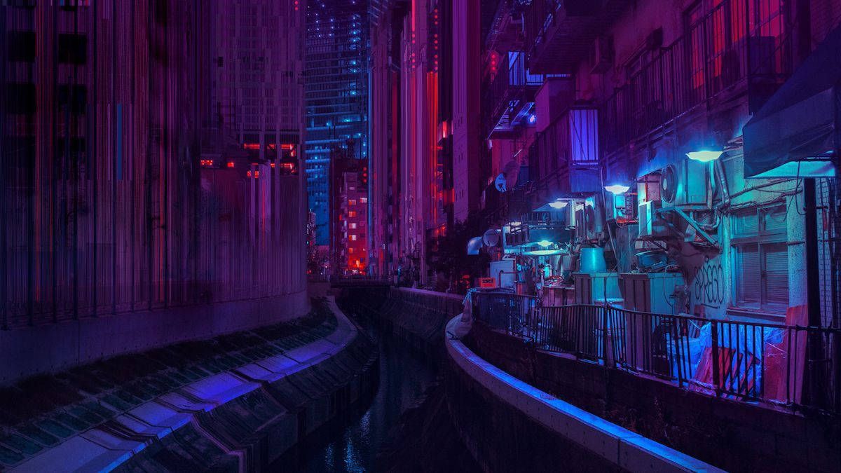 Gasse, Kanal, Stadt bei Nacht, Dunkelblau, Rot, Hintergrund