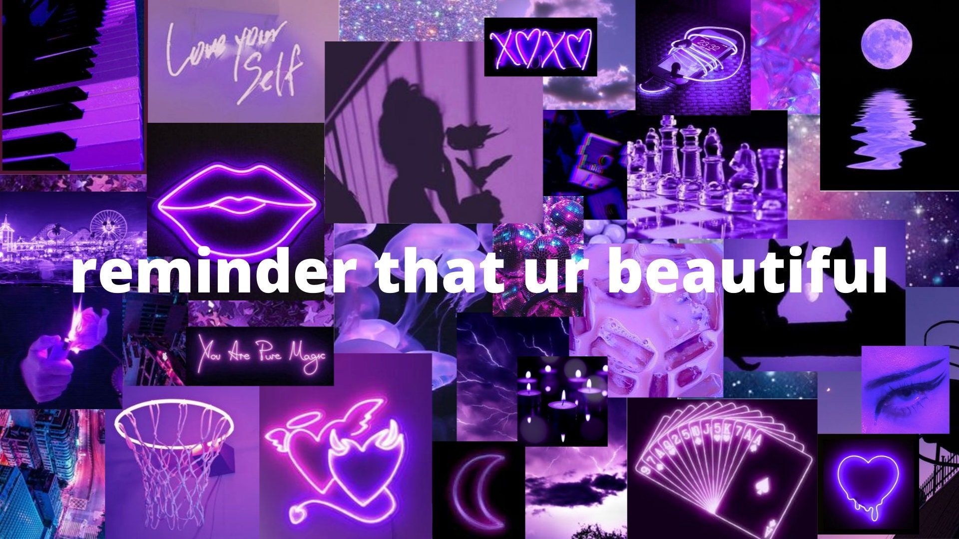 Collage, Lila, Ästhetik, Lippen, Neonschilder, Spruch, Full HD 1080p, Desktop-Hintergrundbild