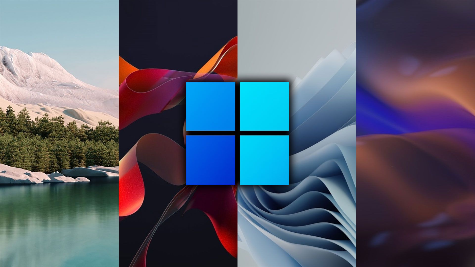 Windows 11, Windows-Logo, Collage, Abstrakt, Landschaft, Blau, Full HD, Breitbild-Hintergrundbild