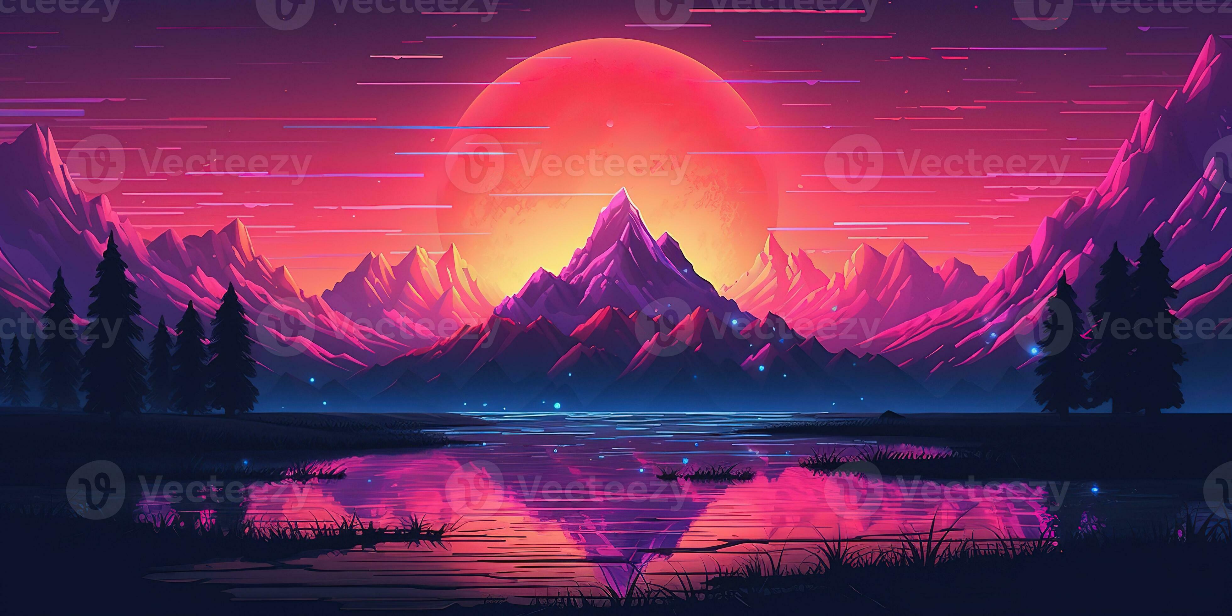 Synthwave, Berge, Sonnenuntergang, Spiegelung, Pink, 4K, Hintergrund für den Desktop