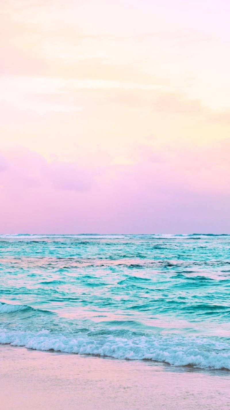Türkises Meer, Pastellhimmel, Rosa, Wellen, Strand, HD, Hintergrundbild fürs Handy
