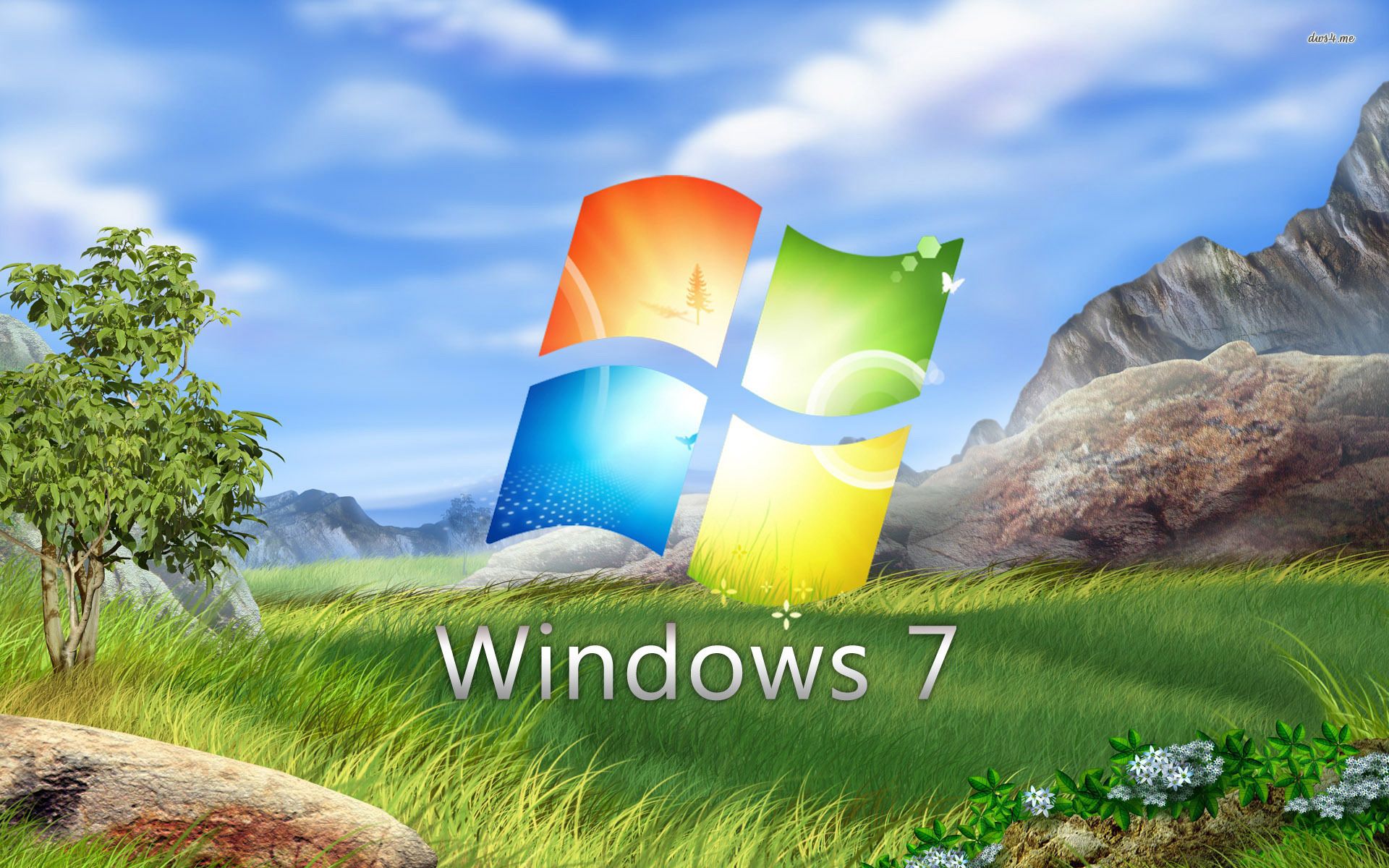 Windows 7, Windows-Logo, Microsoft, Wiese, Berge, Blauer Himmel, Full-HD-Hintergrundbild für PC