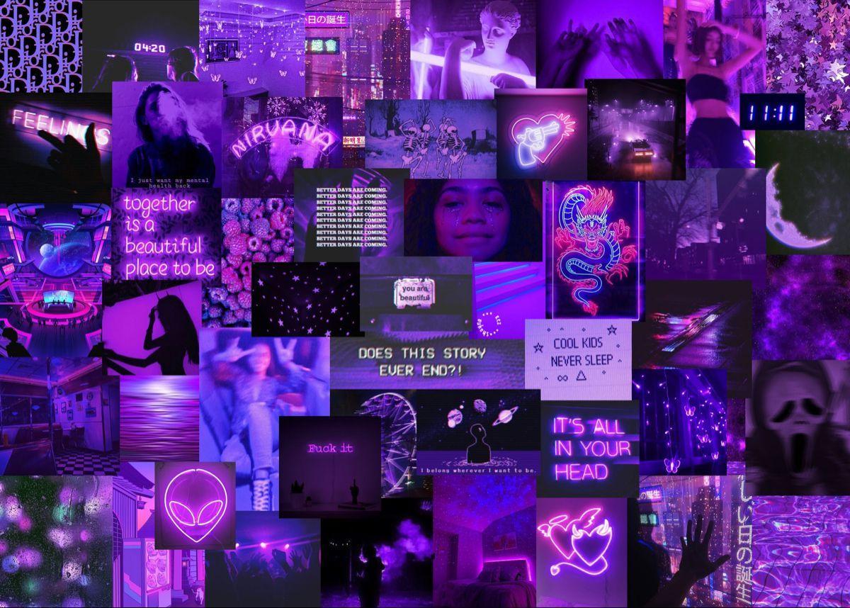 Collage, Lila, Ästhetik, Neonschilder, Hintergrundbild