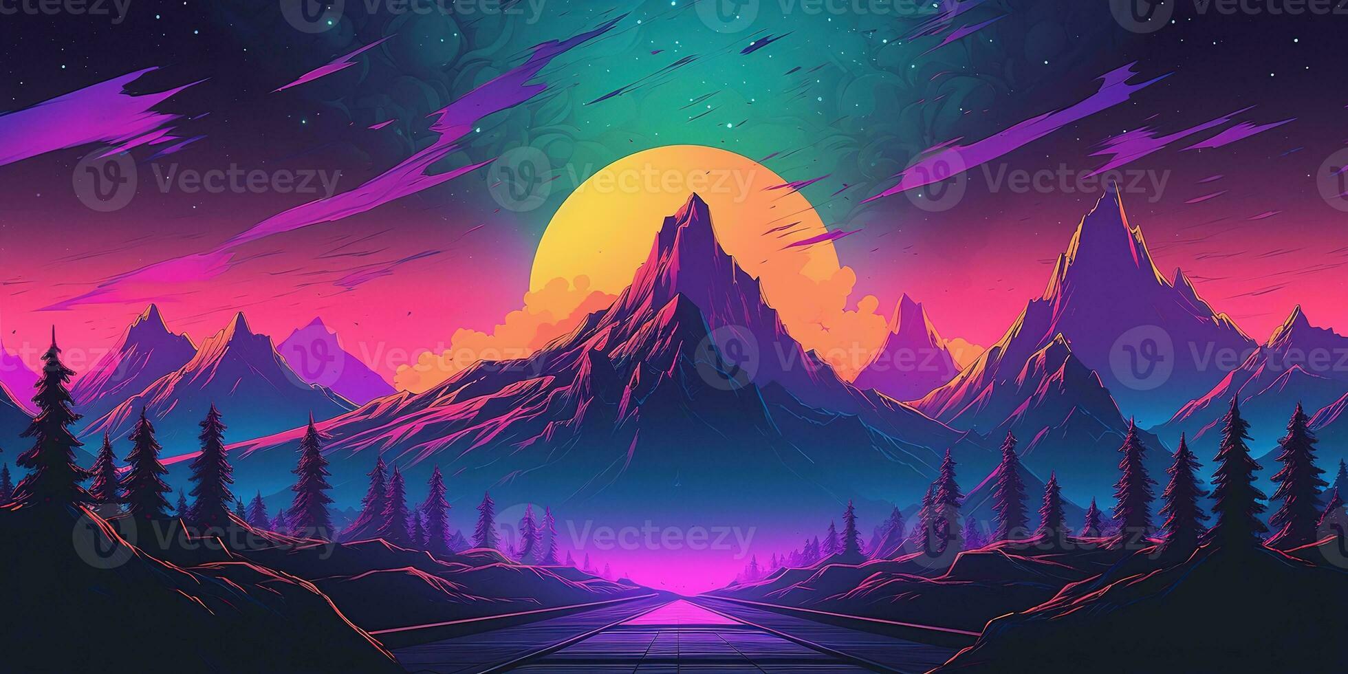 Synthwave, Berge, Sonne, Nadelwald, Pink, Türkis, Full HD, Desktop-Hintergrund für Windows