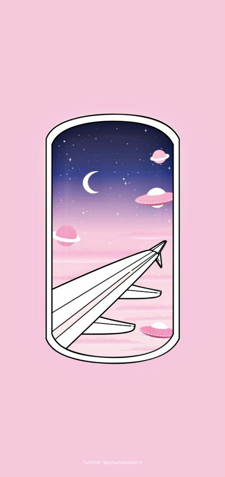 Flugzeugfenster, Flugzeugflügel, Mond, Rosa Wolken, Illustration, Pastell, Android-Hintergrundbild