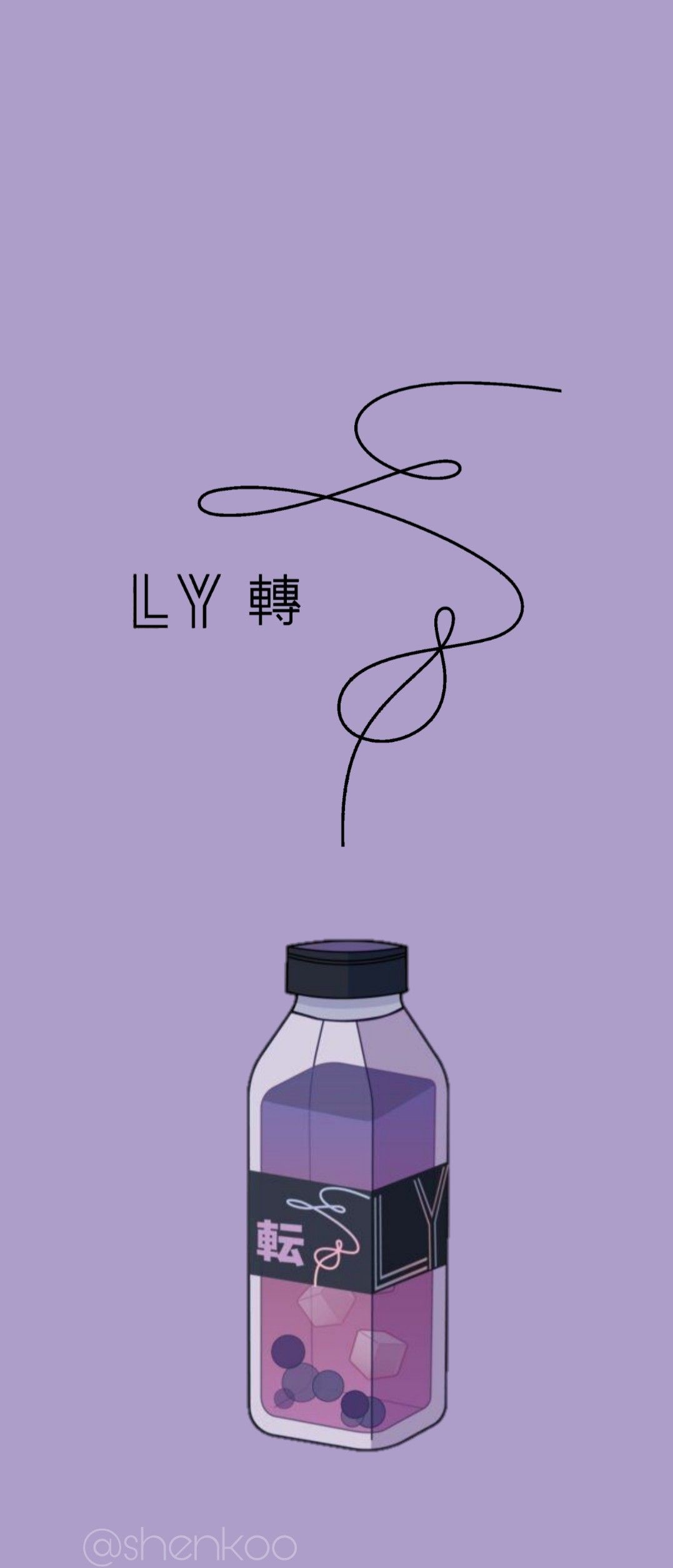 BTS, Love Yourself, Flasche, Linienzeichnung, Lila Hintergrund, Pastell, Sperrbildschirm fürs iPhone