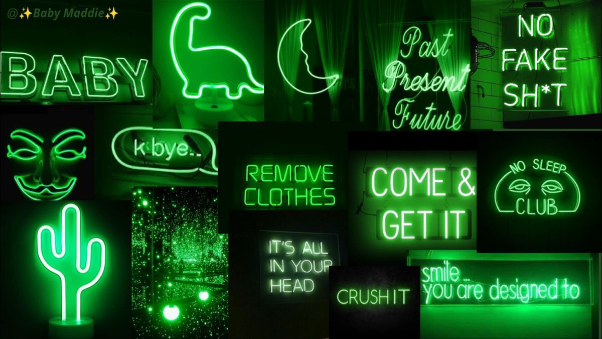 Collage, Neongrün, Neonschilder, Ästhetik, Kaktus, Dinosaurier, Hintergrundbild