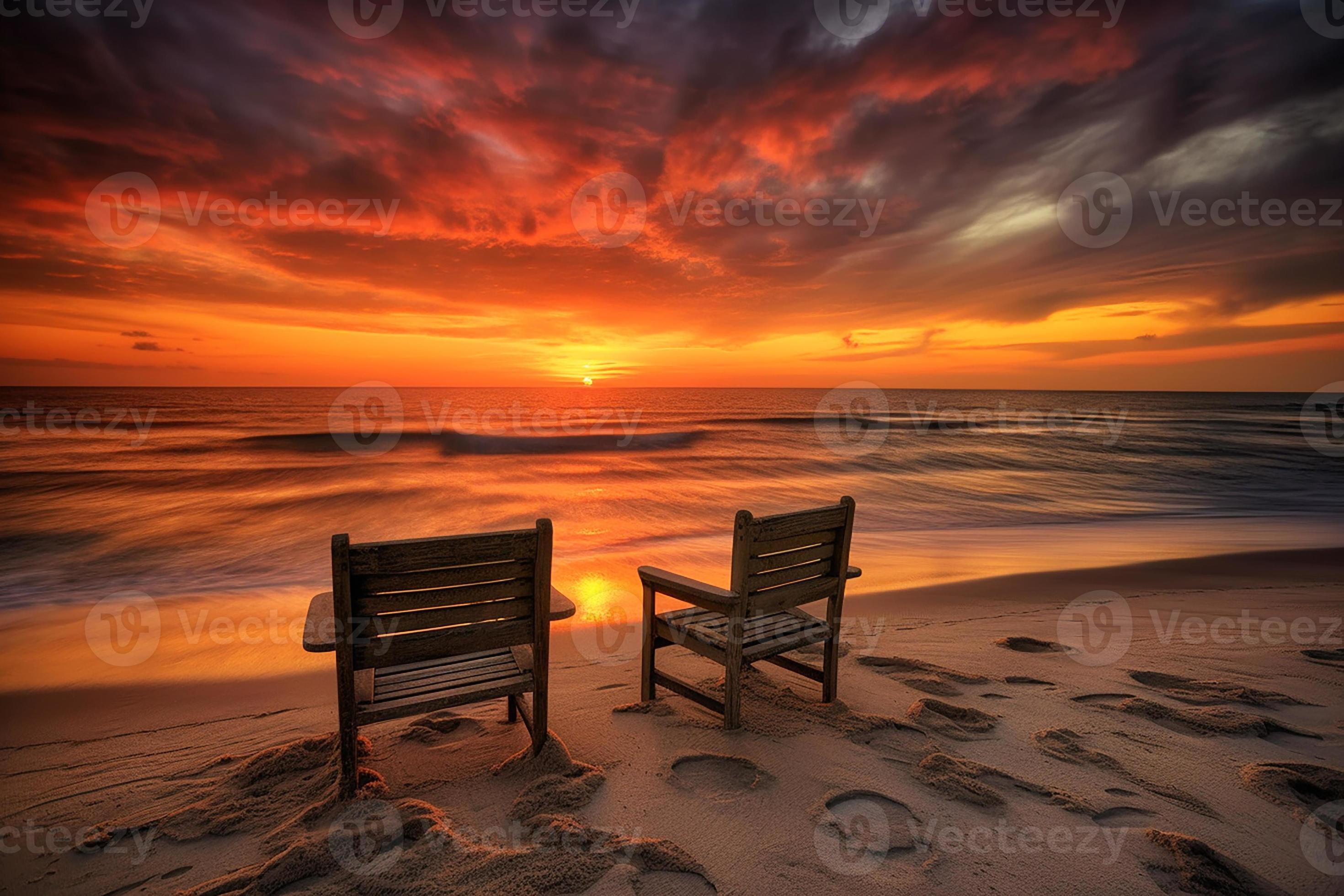 Liegestühle, Sonnenuntergang, Roter Himmel, Sandstrand, Romantisch, 2K, PC-Hintergrundbild