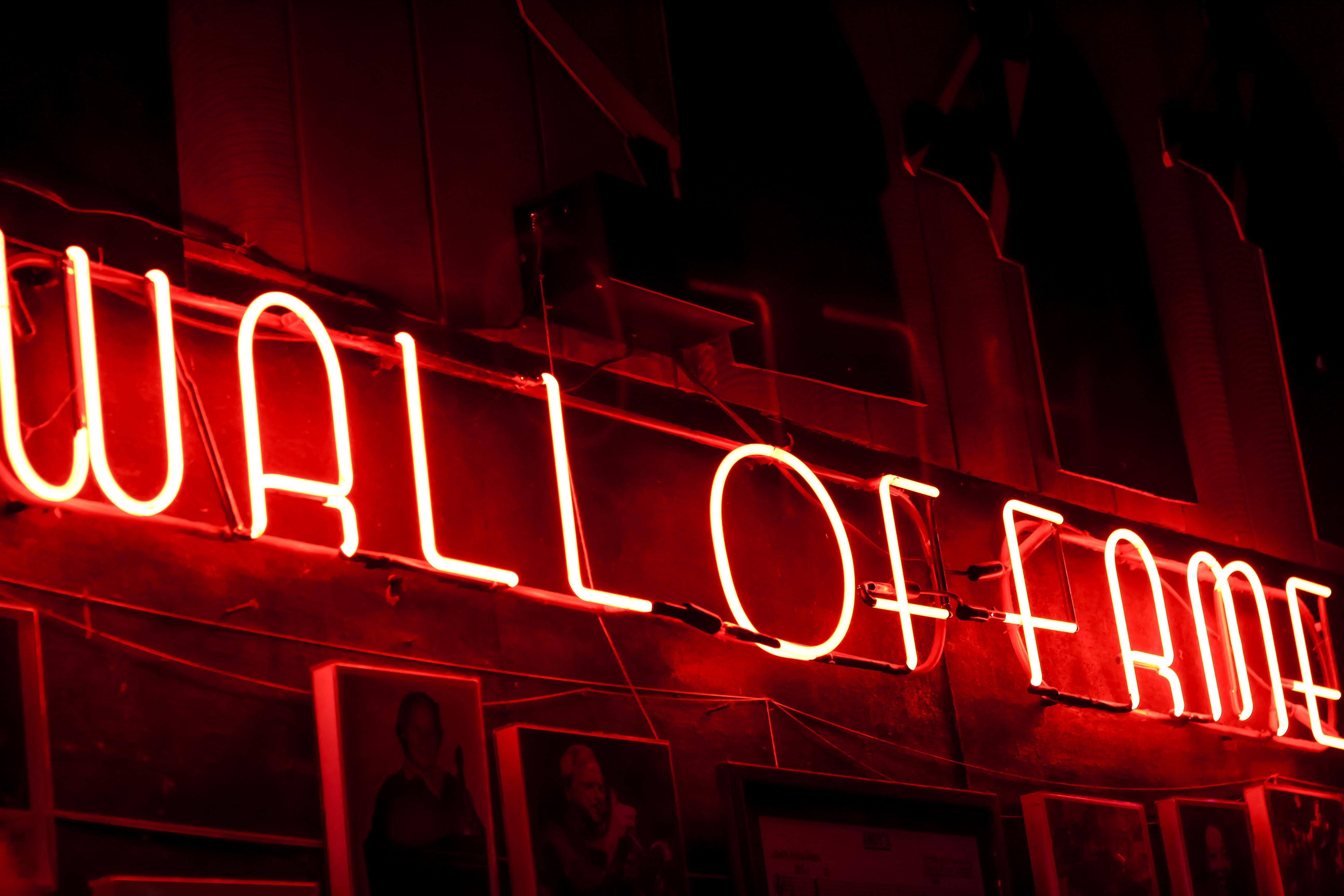 Wall of Fame, Neonschrift, Rot, Leuchtreklame, 5K, Hintergrundbild für den PC