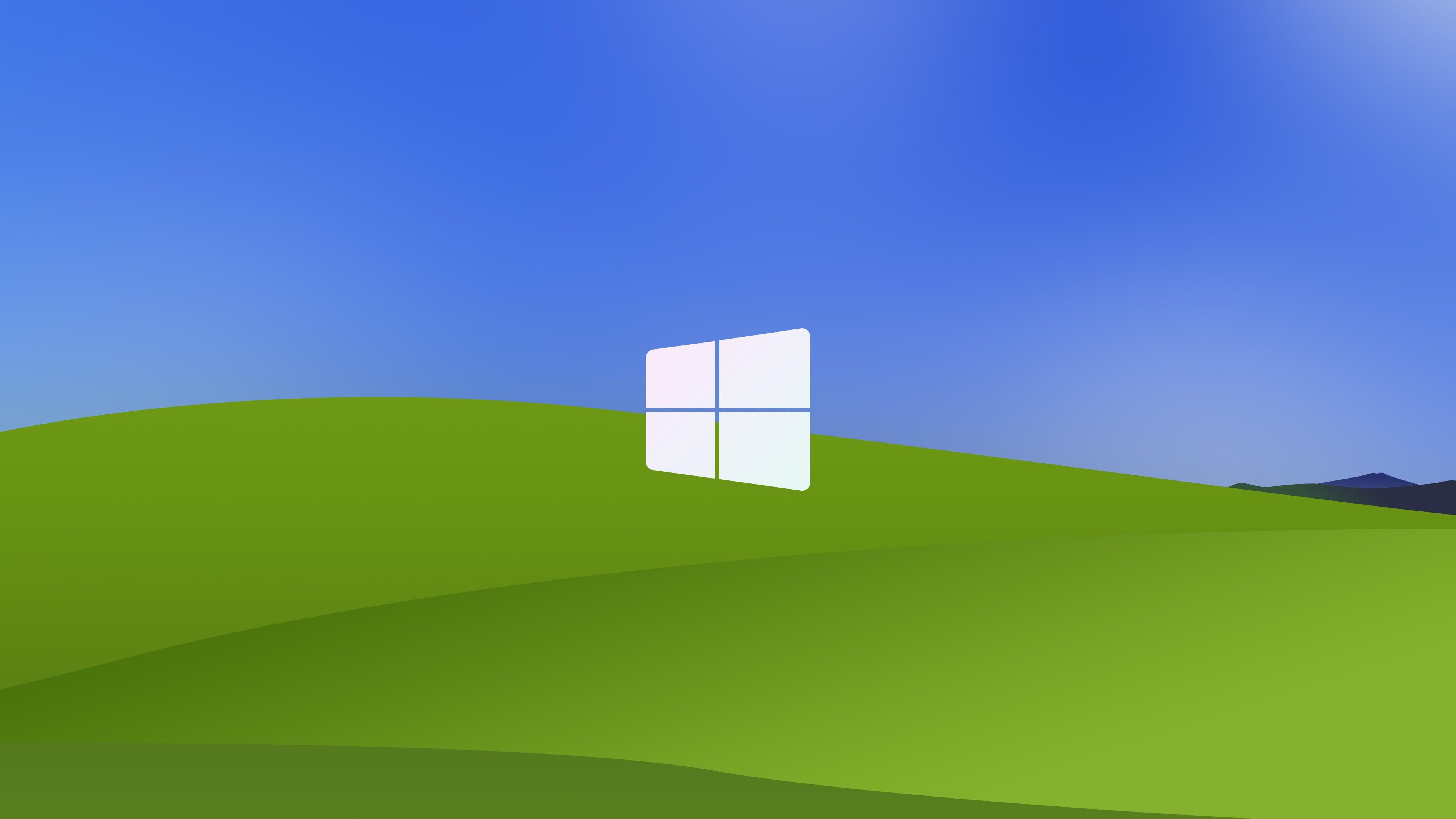 Windows-Logo, Bliss, Grüner Hügel, Blauer Himmel, Minimalistisch, 3840x2160, Desktop-Hintergrund
