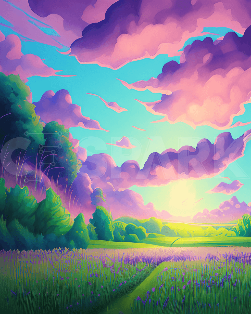 Digitale Kunst, Felder, Bunte Wolken, Lila Himmel, Fantasy, Sonnenaufgang, HD, iPad-Hintergrundbild