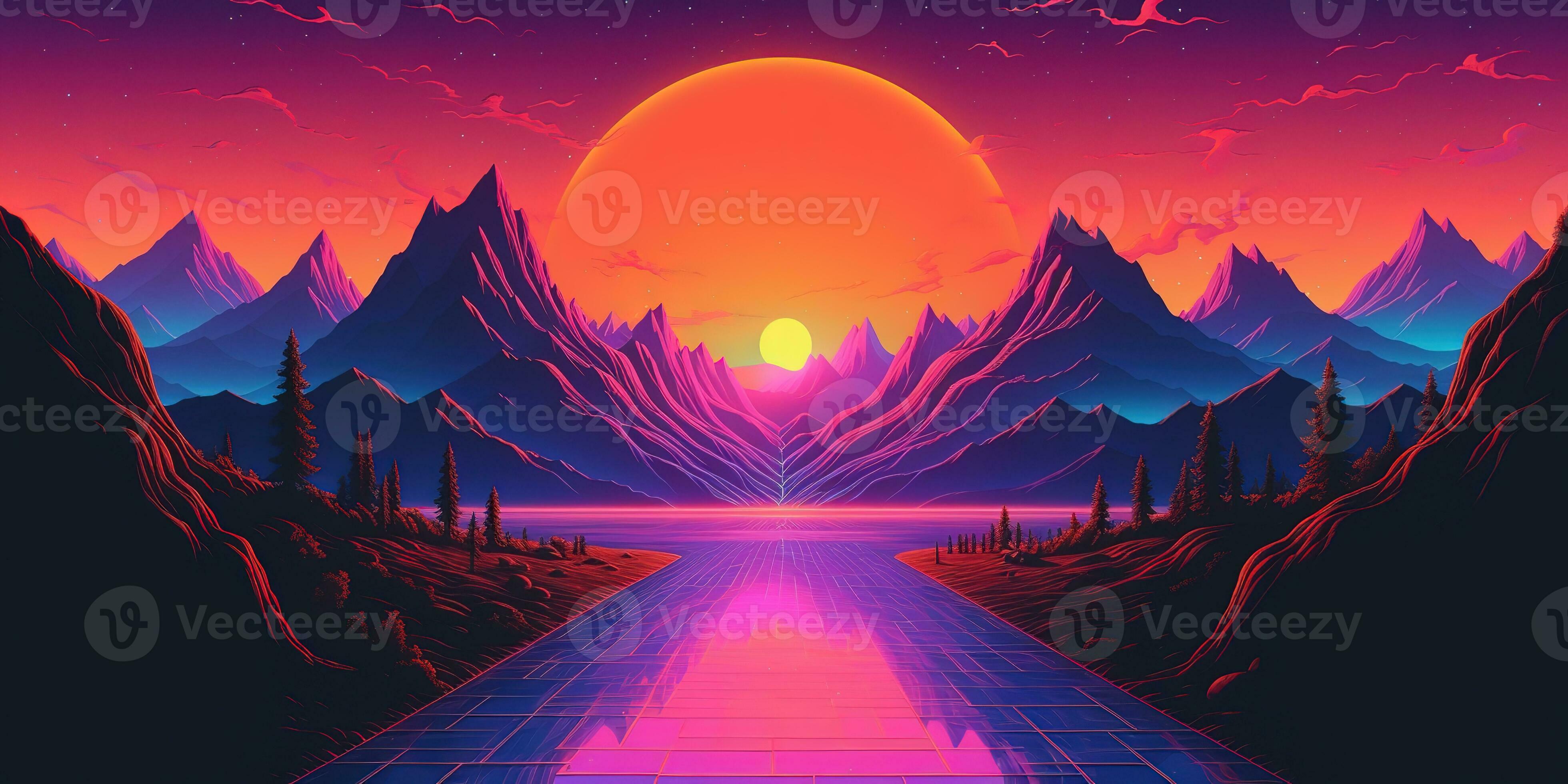 Synthwave, Berge, Sonnenuntergang, Fluss, Orange, Pink, 4K, Desktop-Hintergrund für Windows