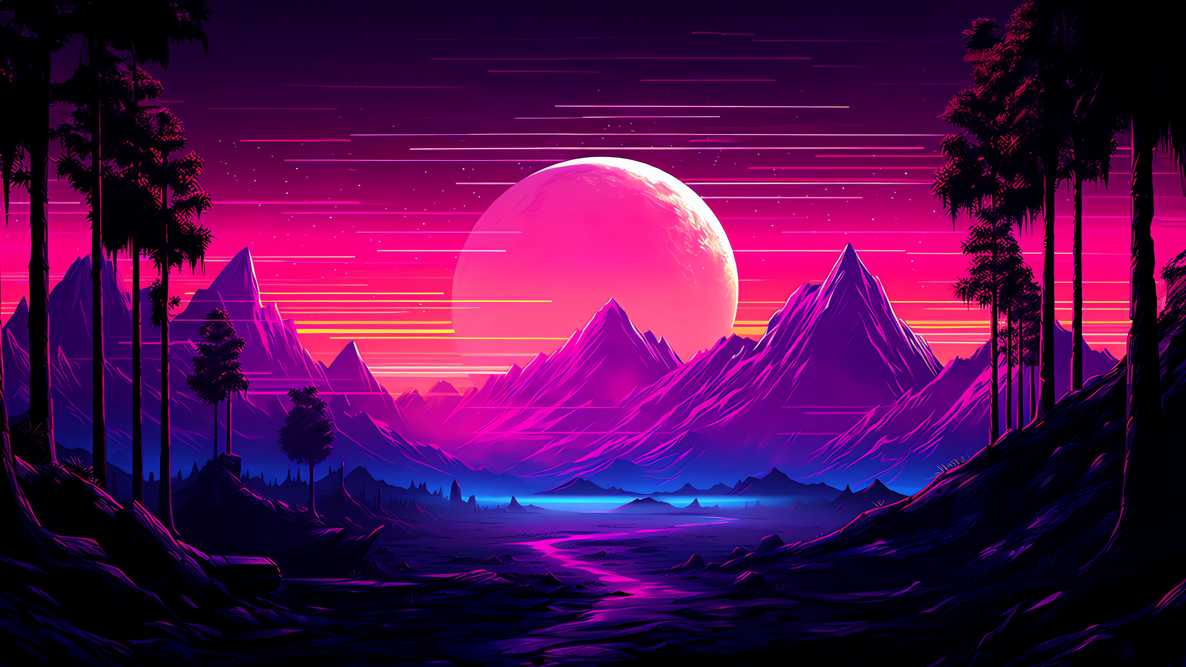 Synthwave, Mond, Berge, Wald, Pink, Lila, 16:9, 4K-Hintergrundbild für den Desktop