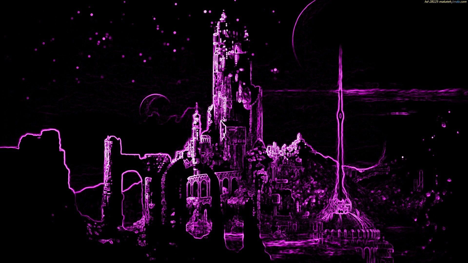 Schloss, Neonumrisse, Fantasy, Lila, Schwarzer Hintergrund, Full HD Wallpaper