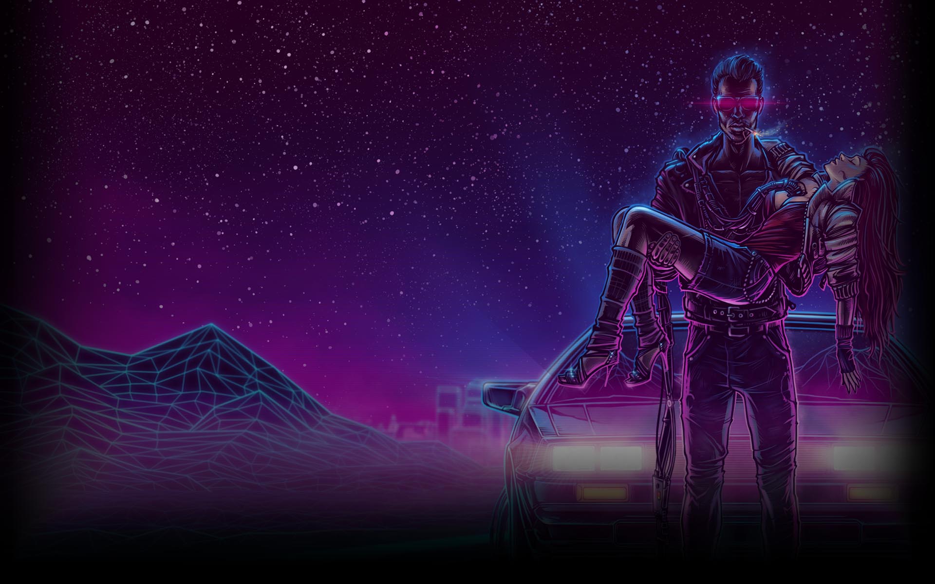 Synthwave, Cyborg, Berge, Sternenhimmel, Lila, 16:10, Full-HD-Hintergrundbild für den Desktop