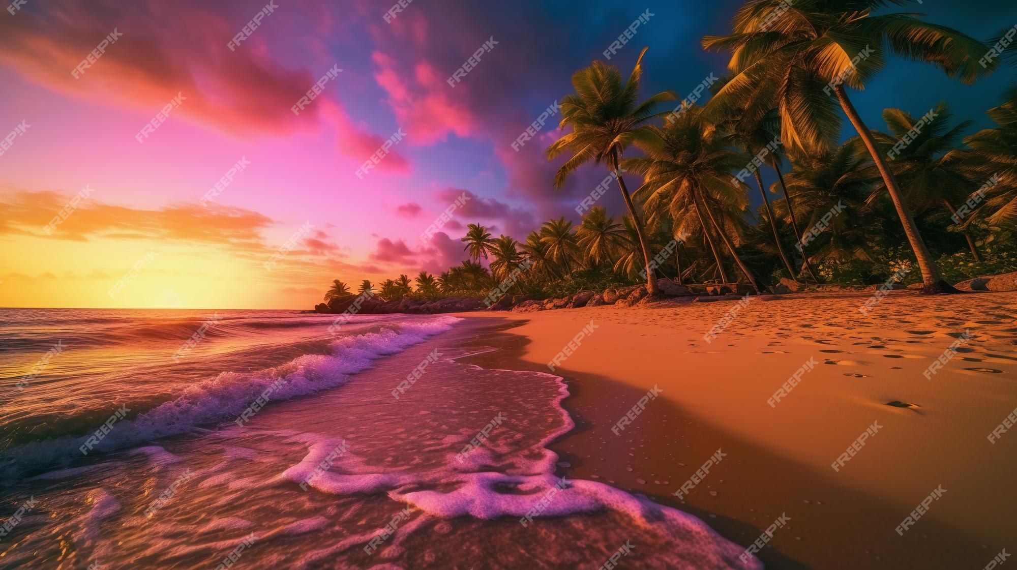 Palmen, Sonnenuntergang, Pinker Himmel, Sandstrand, Wellen, Tropen, Full HD, PC-Hintergrundbild