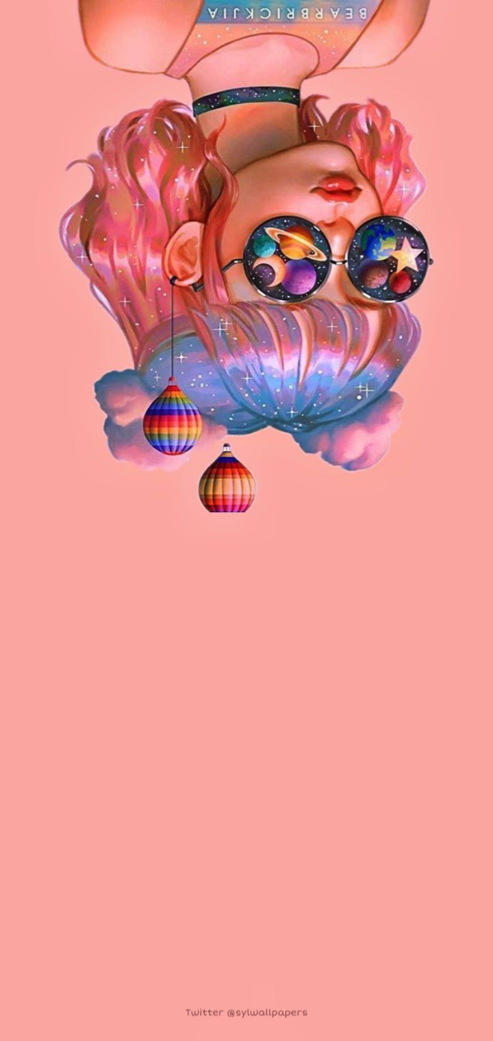 Mädchen, Herzbrille, Bunte Haare, Kopfüber, Rosa Hintergrund, Illustration, Sperrbildschirm fürs iPhone