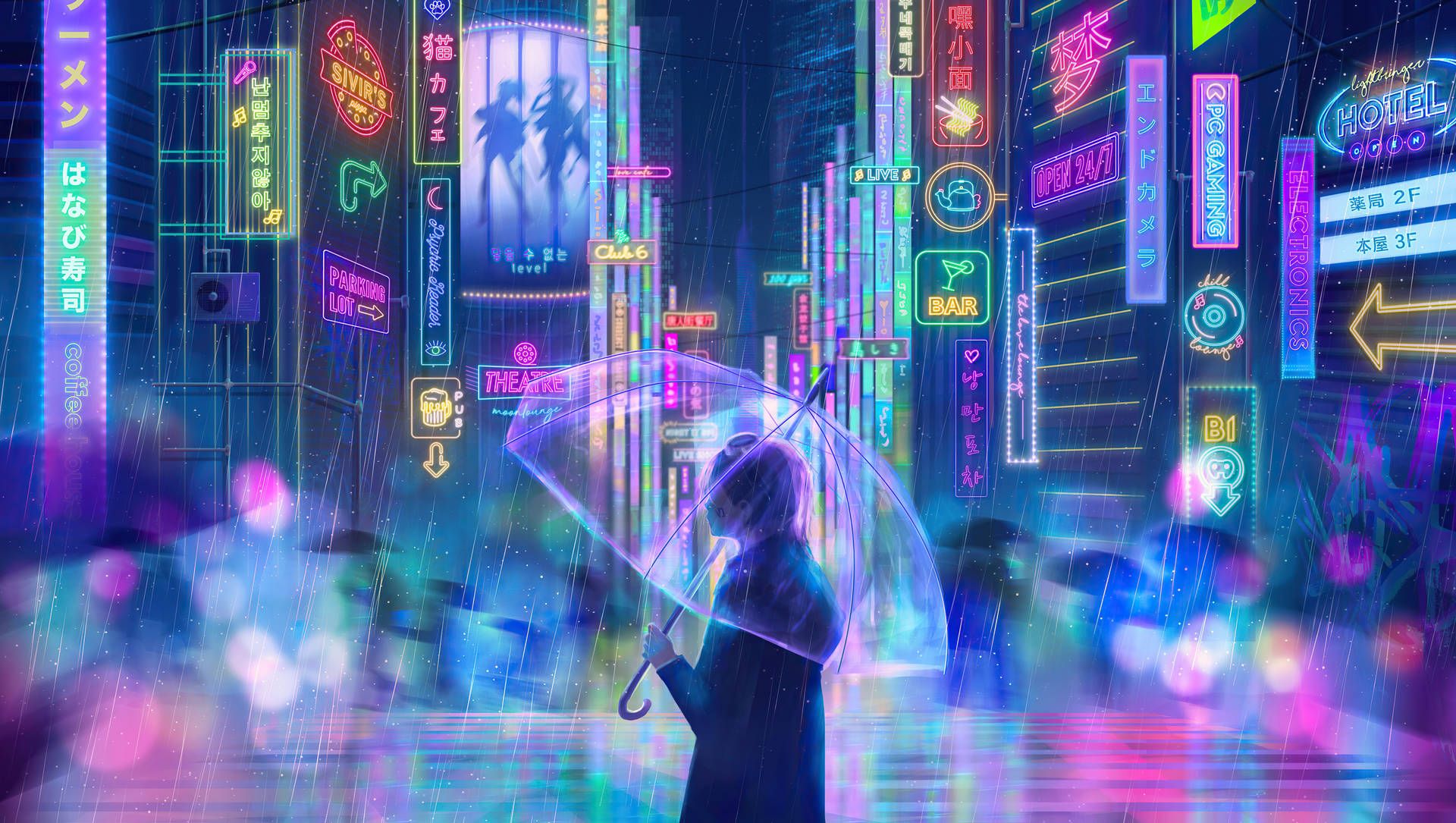 Anime-Mädchen, Regenschirm, Regen, Stadt bei Nacht, Neonschilder, Full HD, Breitbild-Hintergrundbild