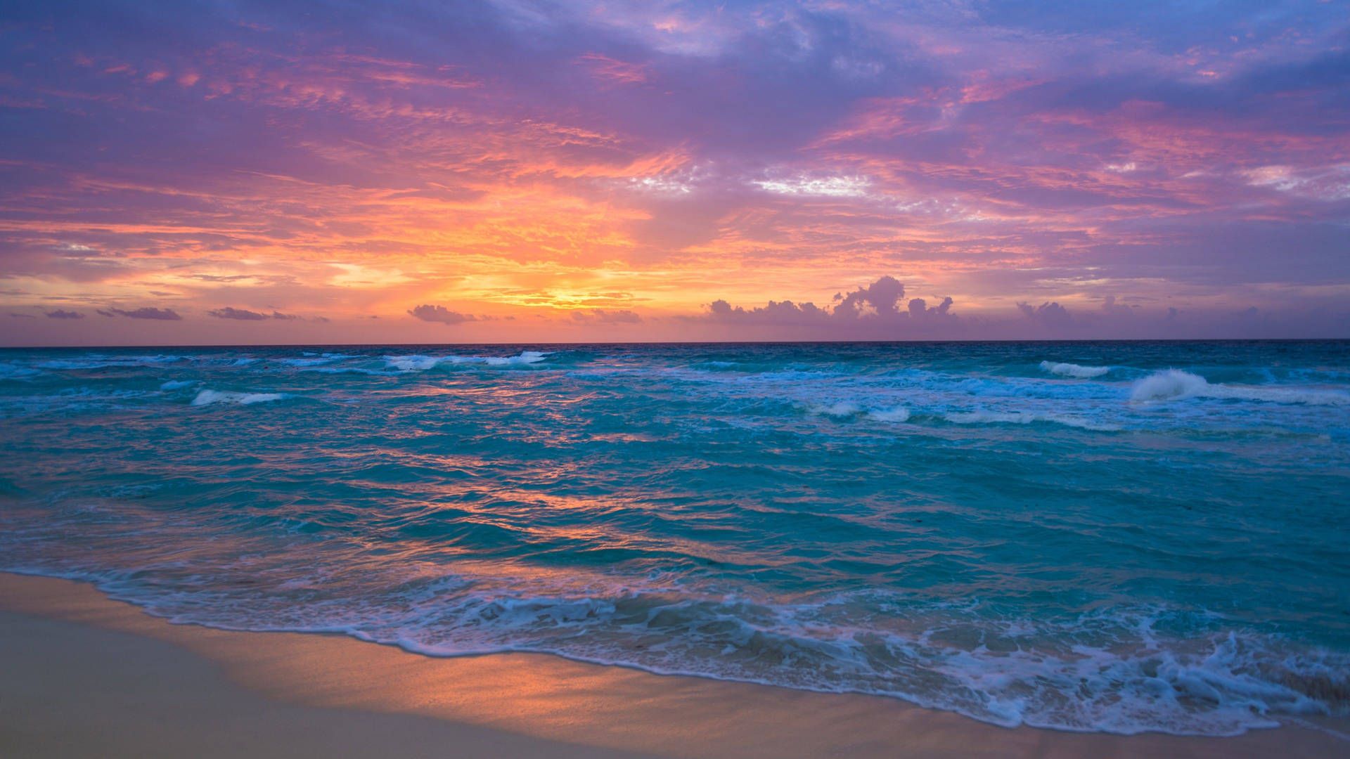 Sonnenuntergang, Meer, Wellen, Orange Wolken, Dämmerung, Full HD, Breitbild-Hintergrundbild