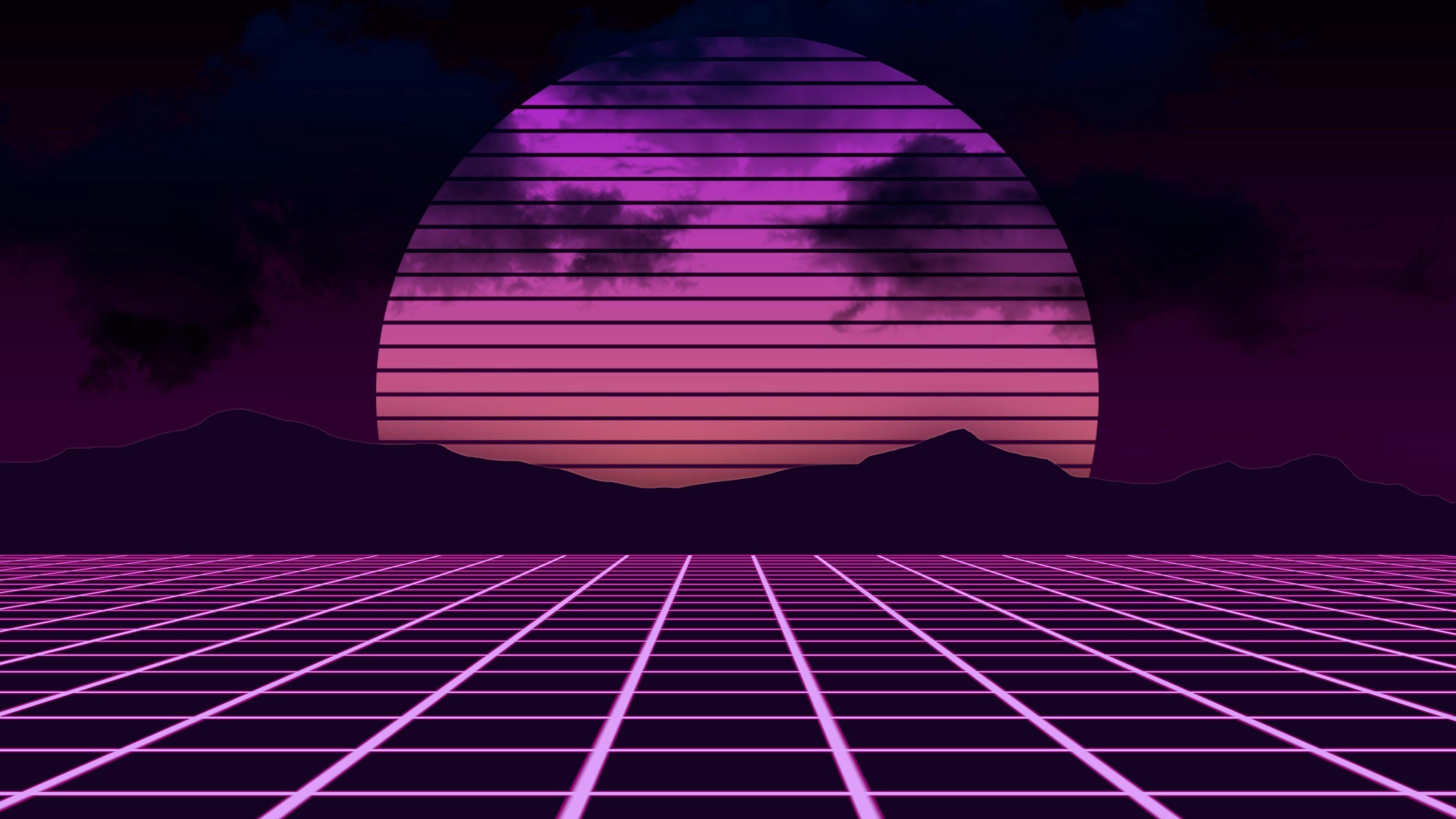Synthwave, Retrowave, Sonne, Gitternetz, Berge, Lila, 3840x2160, 4K-Hintergrundbild für PC