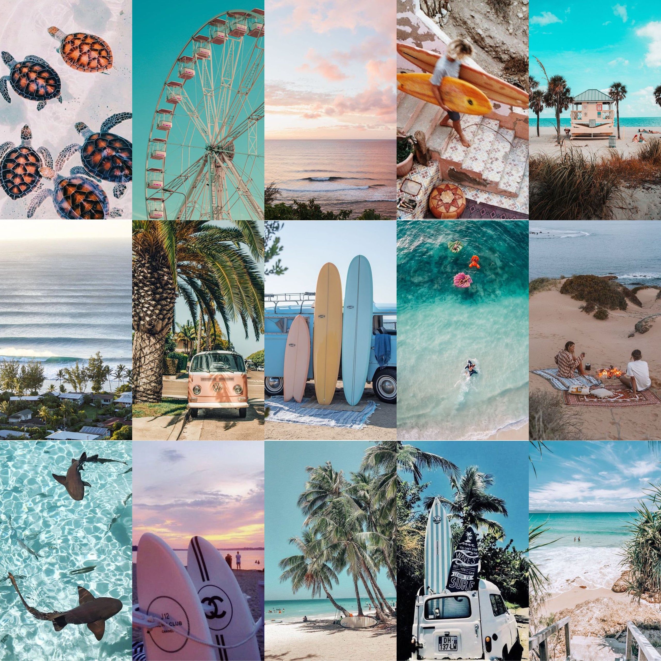 Collage, Surfbretter, Meeresschildkröten, Riesenrad, Sommer, 2K, Tablet-Hintergrund