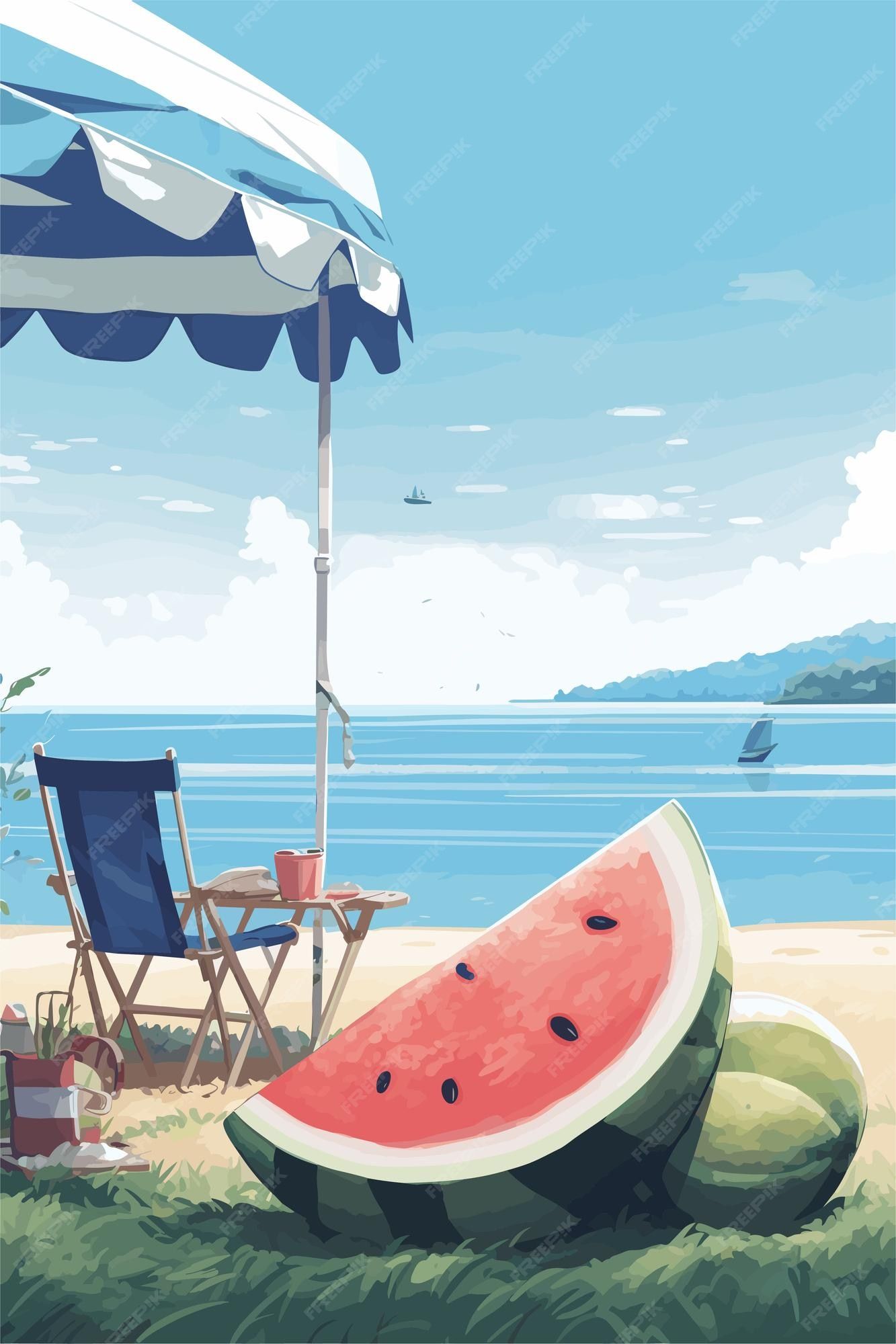 Wassermelone, Sonnenschirm, Liegestuhl, Illustration, Sommer, Meer, Full HD, Handy-Hintergrund