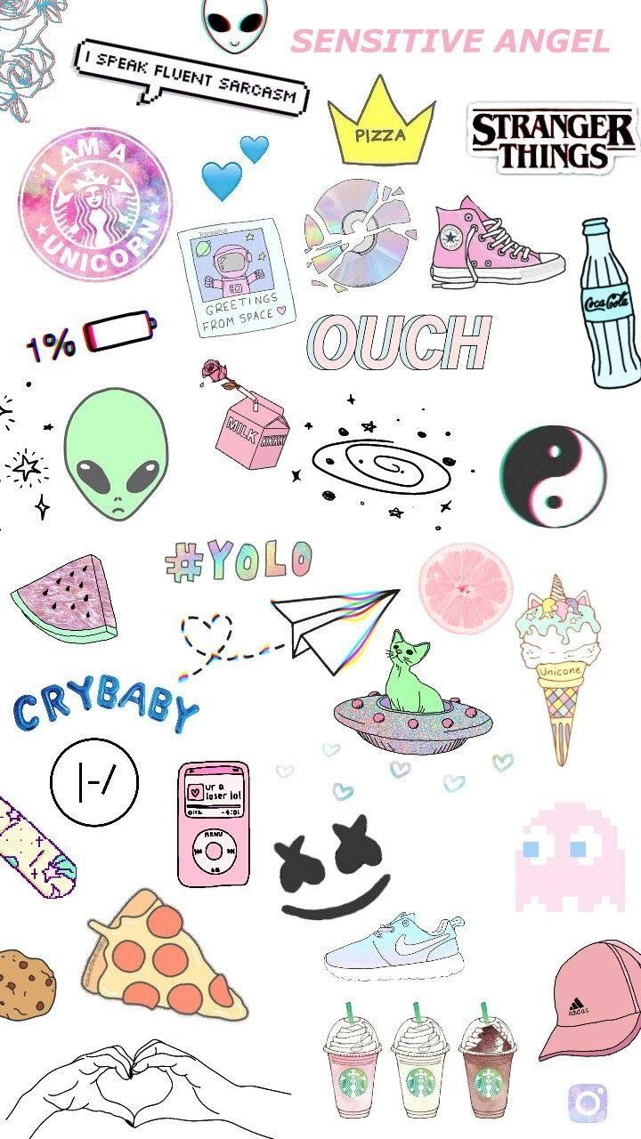 Sticker, Stranger Things, Marshmello, Alien, Crybaby, Collage, Pastell, HD, iPhone-Hintergrundbild