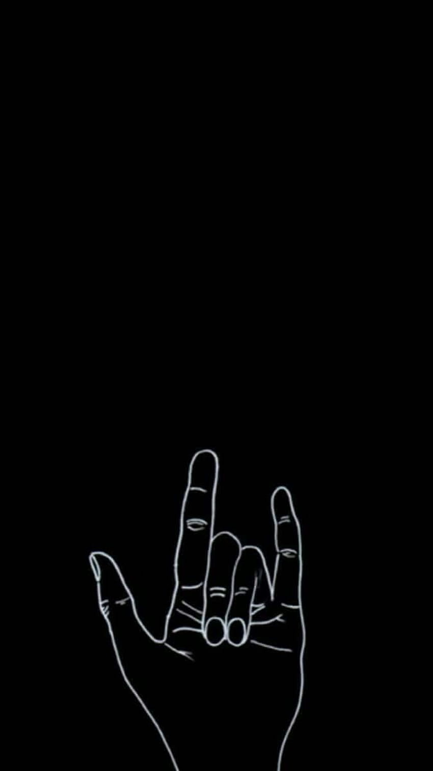 Hand, Rock-Geste, Linienzeichnung, Schwarzer Hintergrund, Minimalismus, Sperrbildschirm fürs iPhone