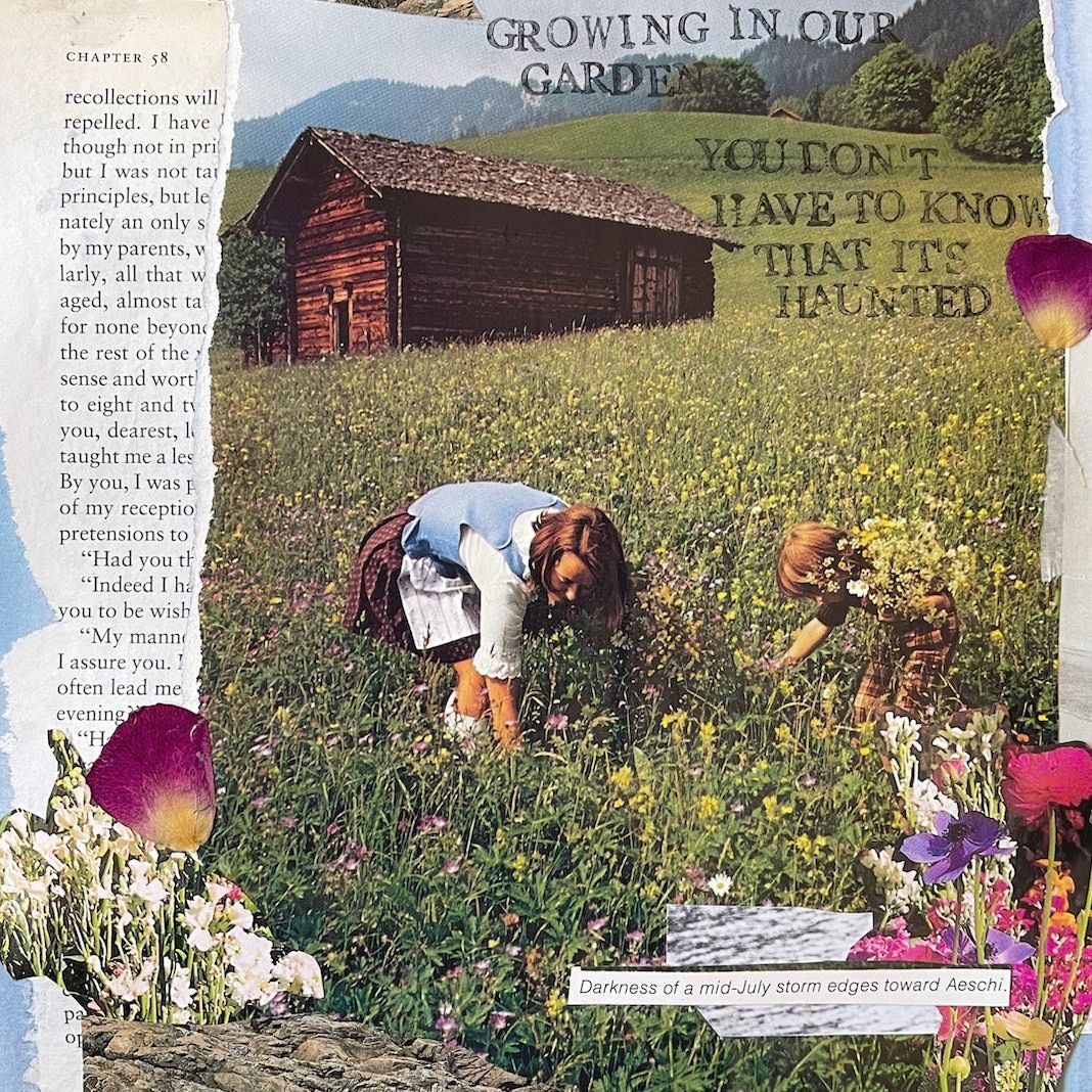 Collage, Scheune, Gärtnerin, Blumenfeld, Text, Vintage, Hintergrundbild für iPad und Tablet