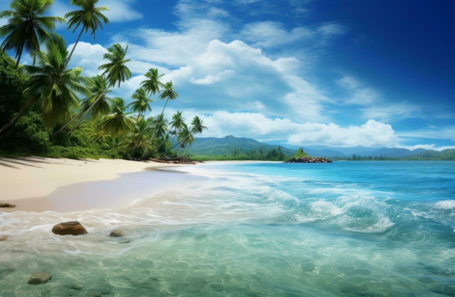 Palmen, Klares Wasser, Sandstrand, Wolken, Tropen, HD, Hintergrundbild für den PC