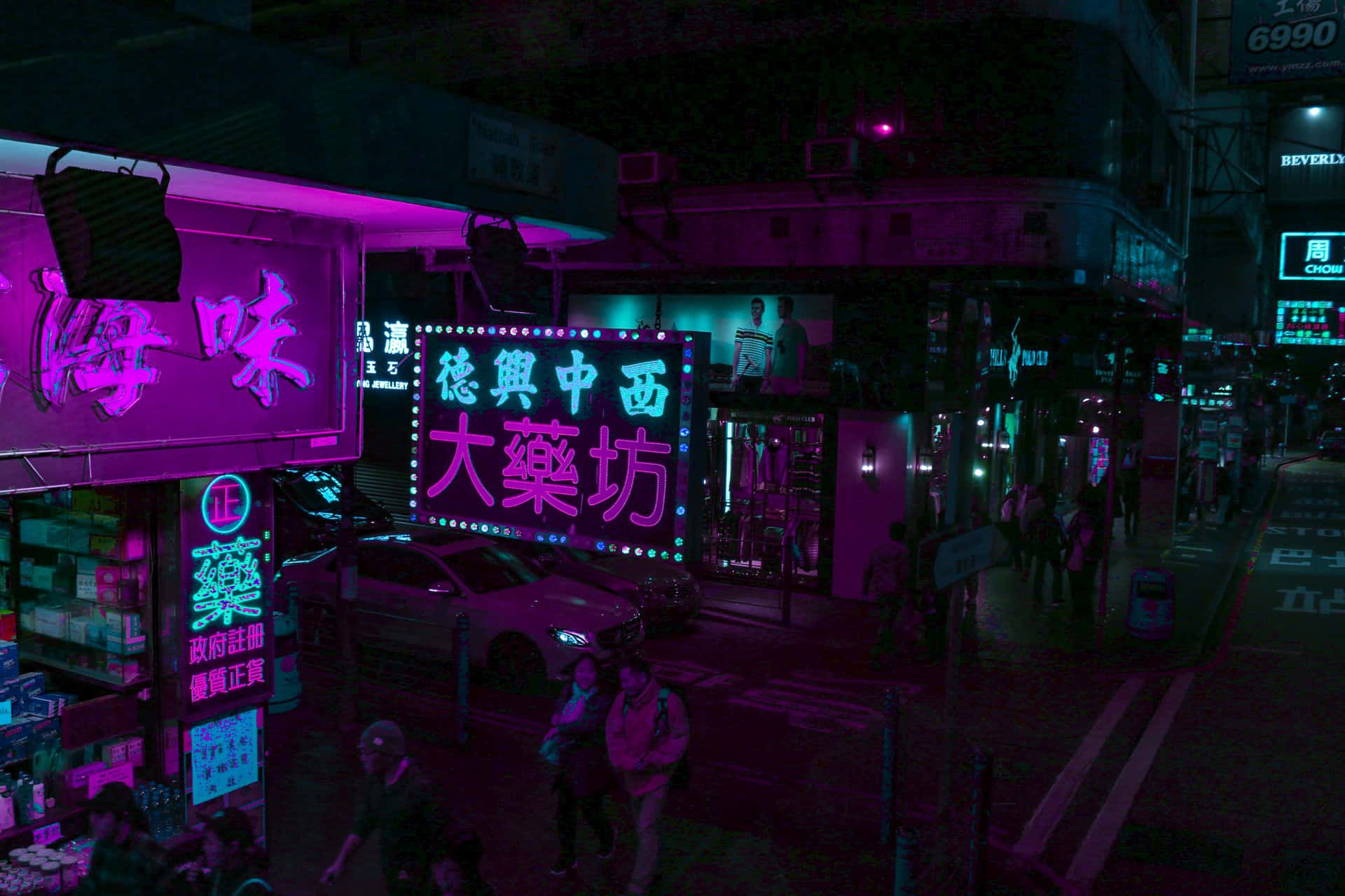 Chinesische Schriftzeichen, Neonschilder, Straße, Grün, Pink, Full HD, Desktop-Hintergrund
