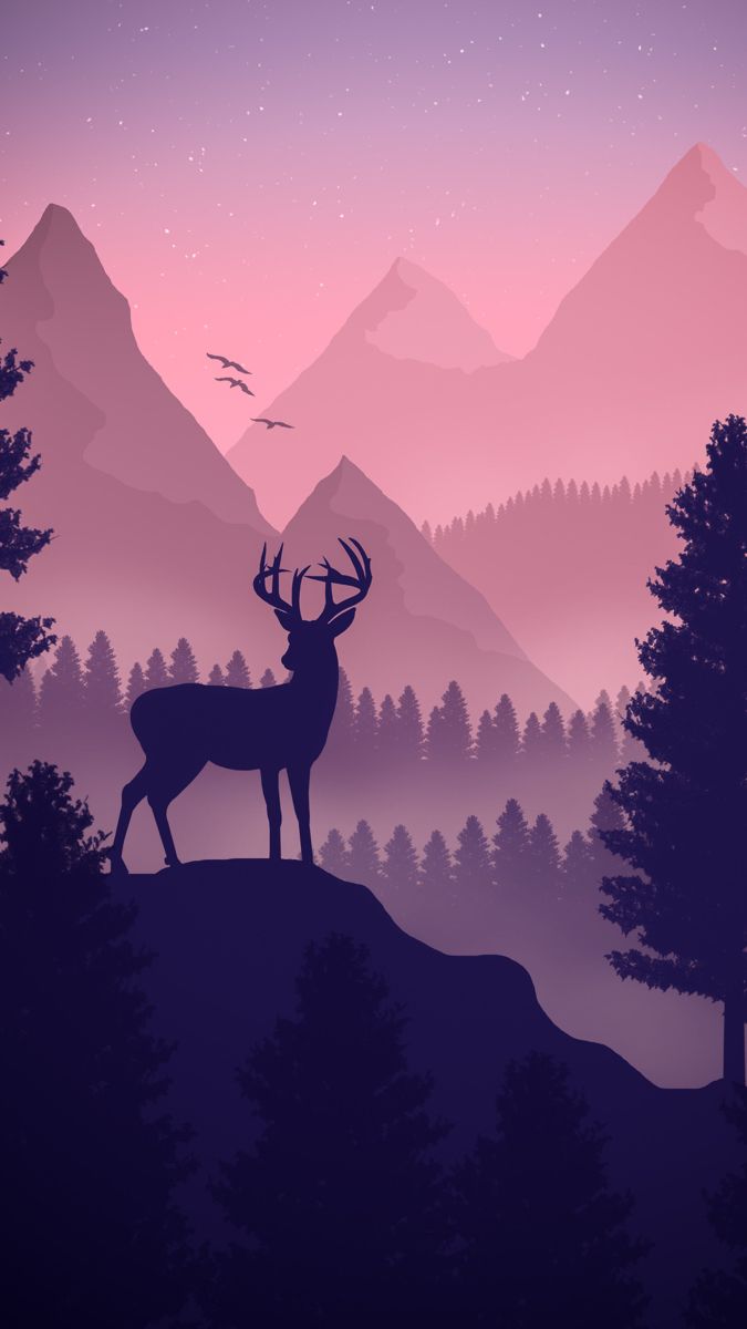 Hirsch, Silhouette, Berge, Illustration, Lila Töne, Hochformat, Hintergrundbild fürs Smartphone