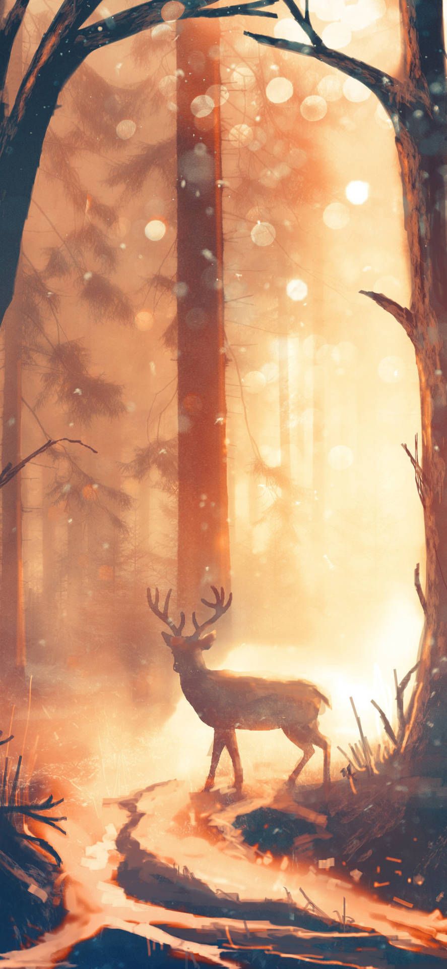 Hirsch, Illustration, Wald, Sonnenstrahlen, Warme Töne, Hintergrundbild für iPhone und Android