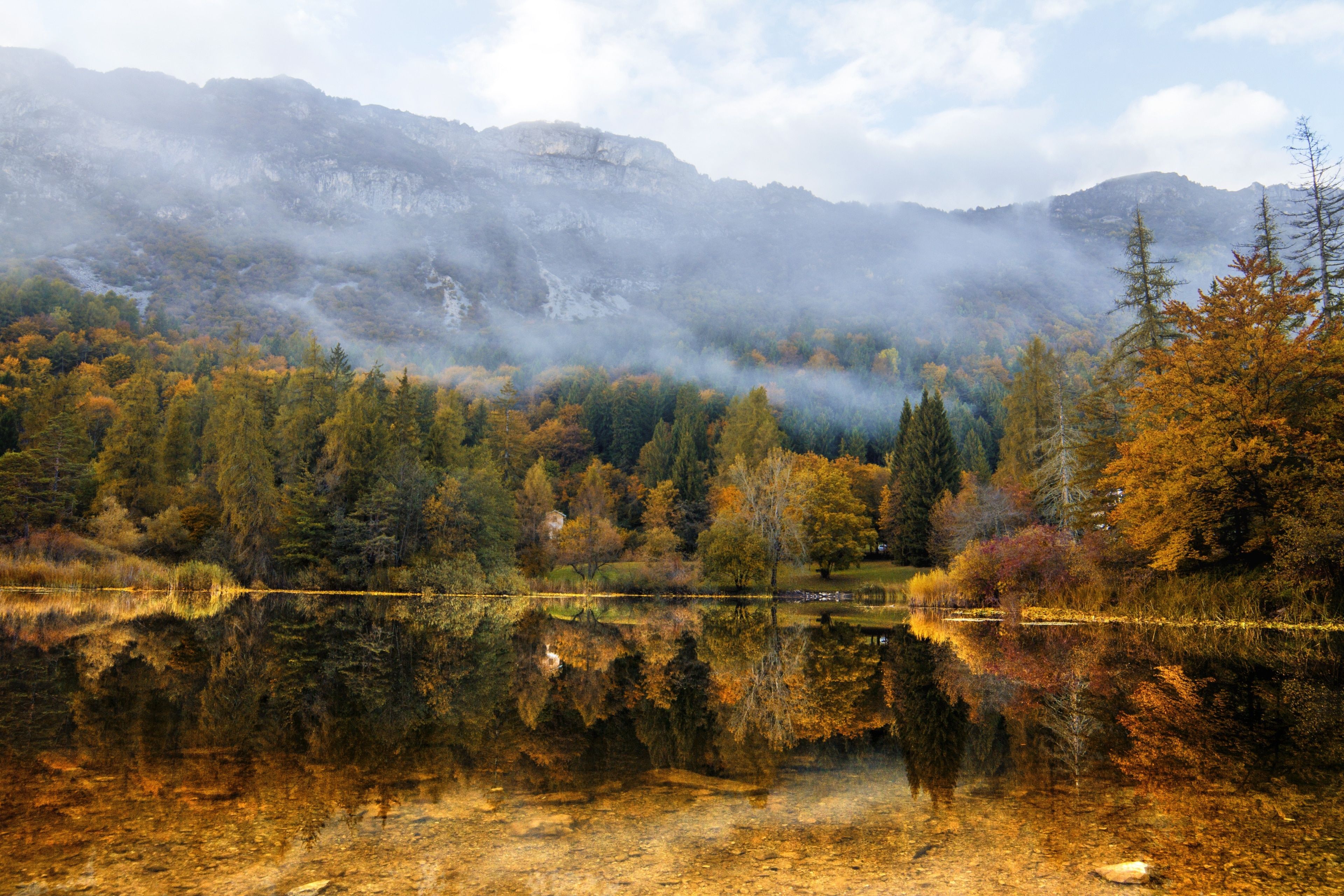 Waldsee, Herbst, Nebelberge, Spiegelung, Mischwald, 4K, Hintergrund für den Desktop