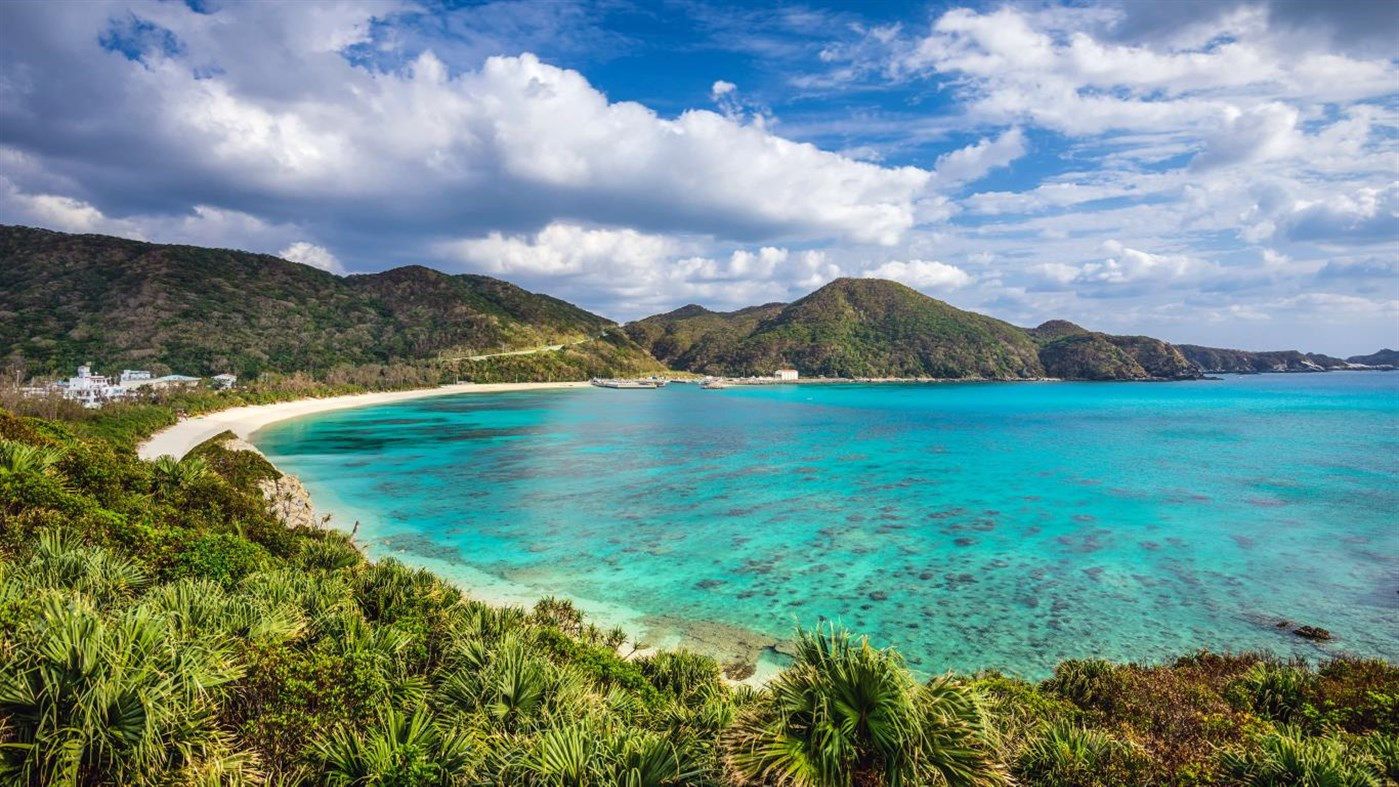Bucht, Türkises Wasser, Strand, Grüne Hügel, Tropen, Wolken, HD, Desktop-Hintergrund