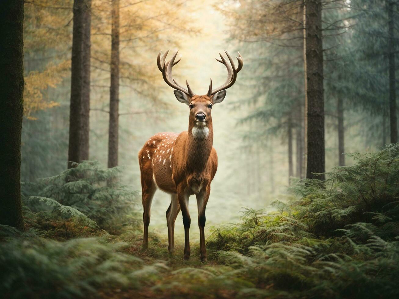 Damhirsch, Wald, Farn, Nebel, Sonnenlicht, HD, Hintergrundbild fürs Tablet
