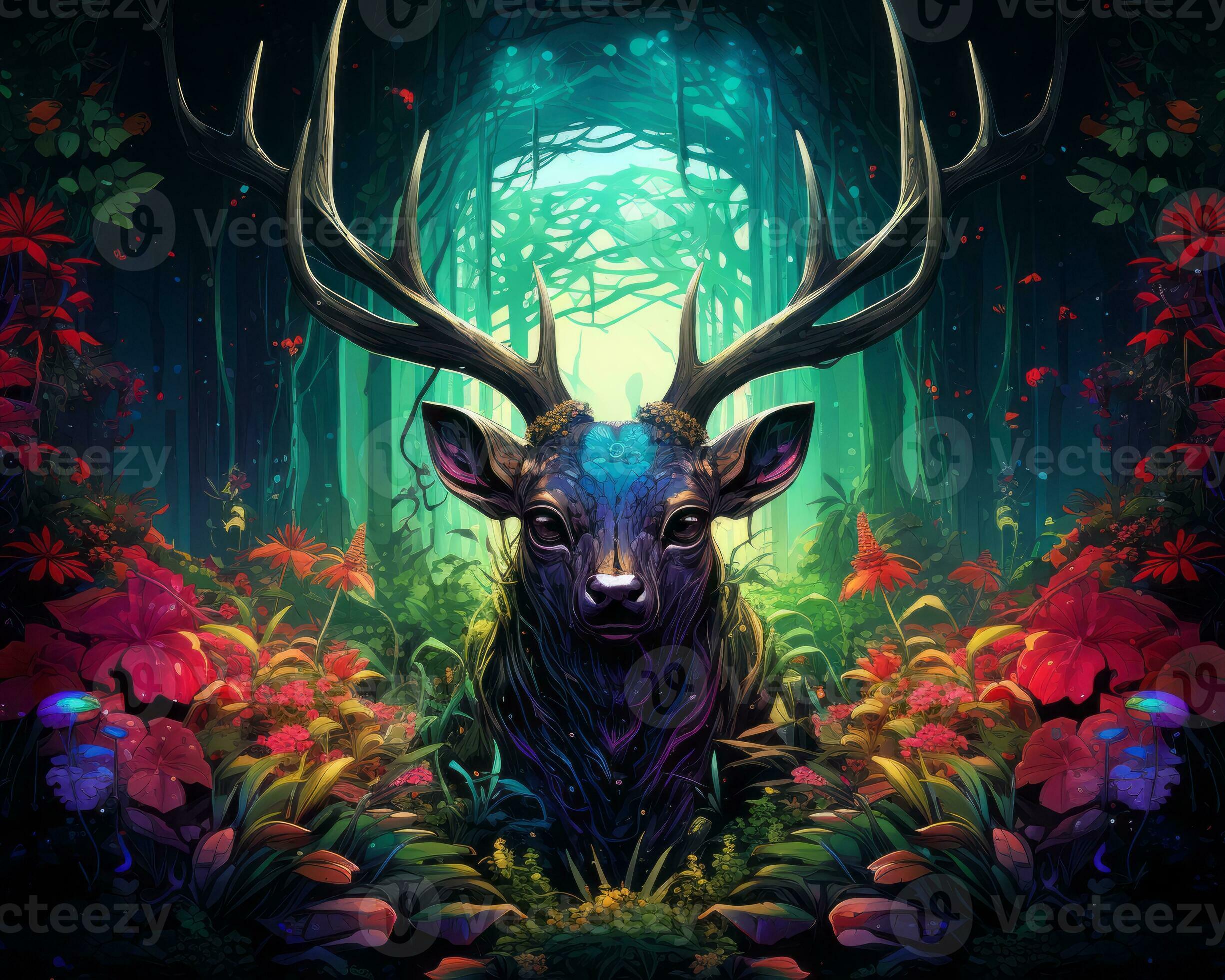 Hirsch, Fantasy-Wald, Neonfarben, Blumen, Digitale Kunst, Full-HD-Hintergrundbild für PC