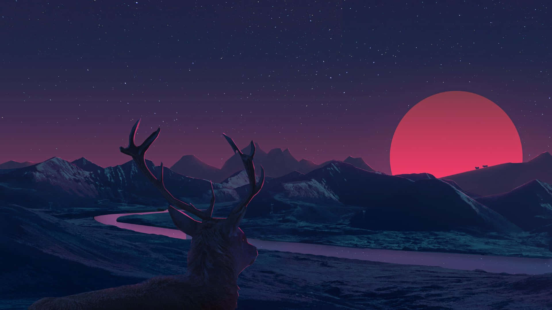 Hirsch, Silhouette, Roter Mond, Berge, Fluss, Nacht, Full HD 1080p, Desktop-Hintergrundbild