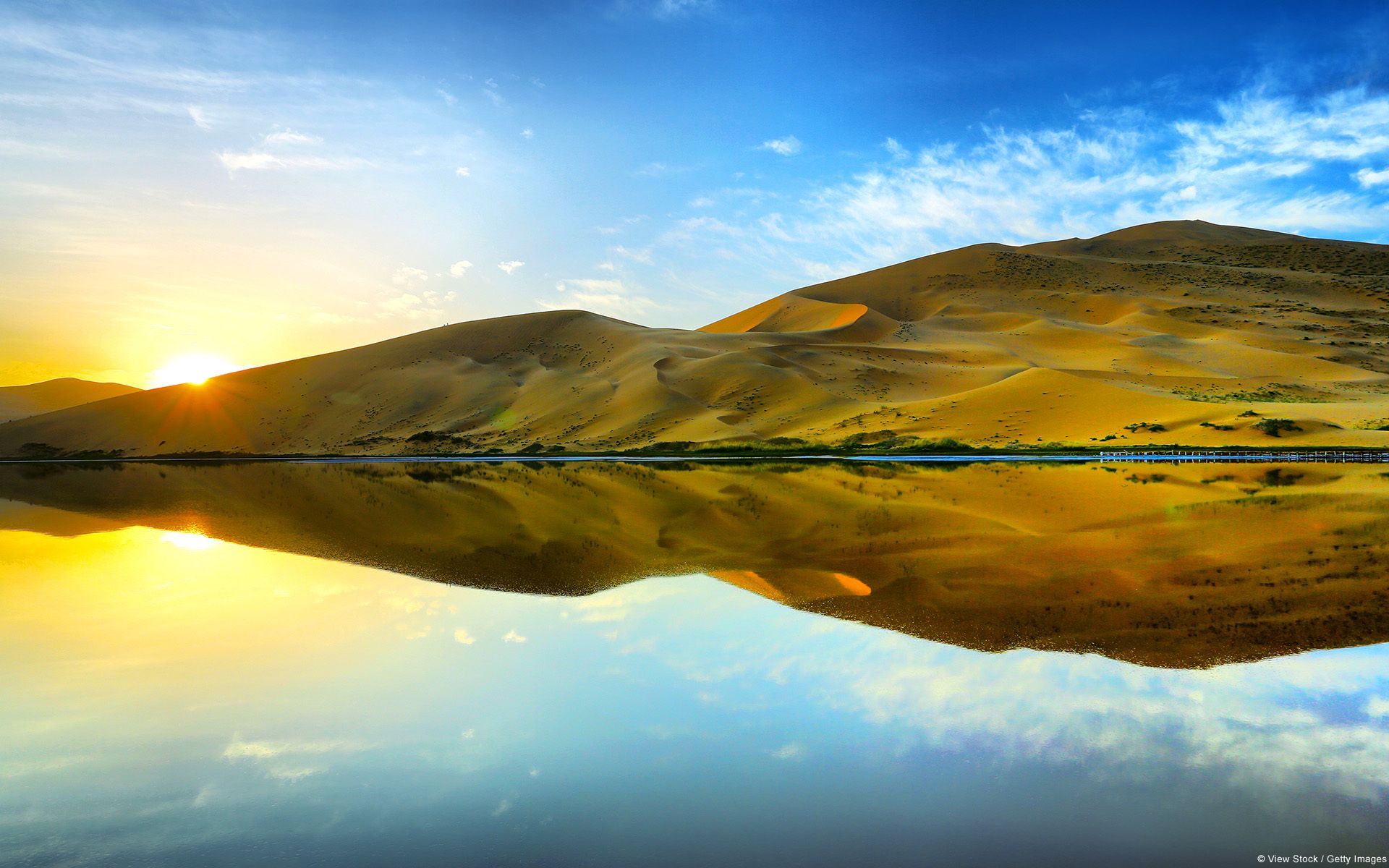 Sanddünen, See, Spiegelung, Sonnenaufgang, Wüste, Blauer Himmel, Full HD, MacBook-Hintergrundbild