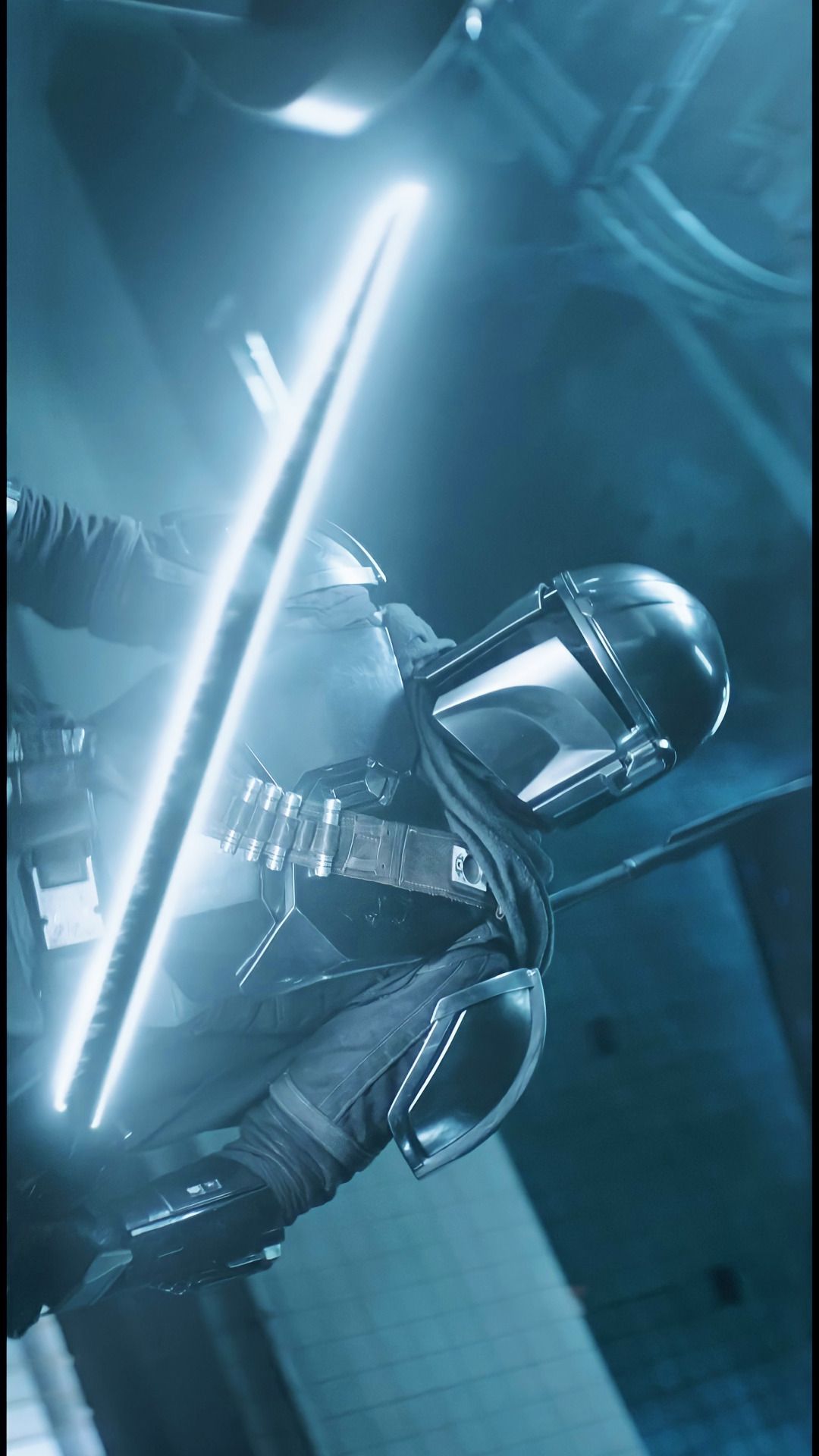 The Mandalorian, Lichtschwert, Blaues Licht, Star Wars, Dunkel, Full HD, Handy-Hintergrundbild
