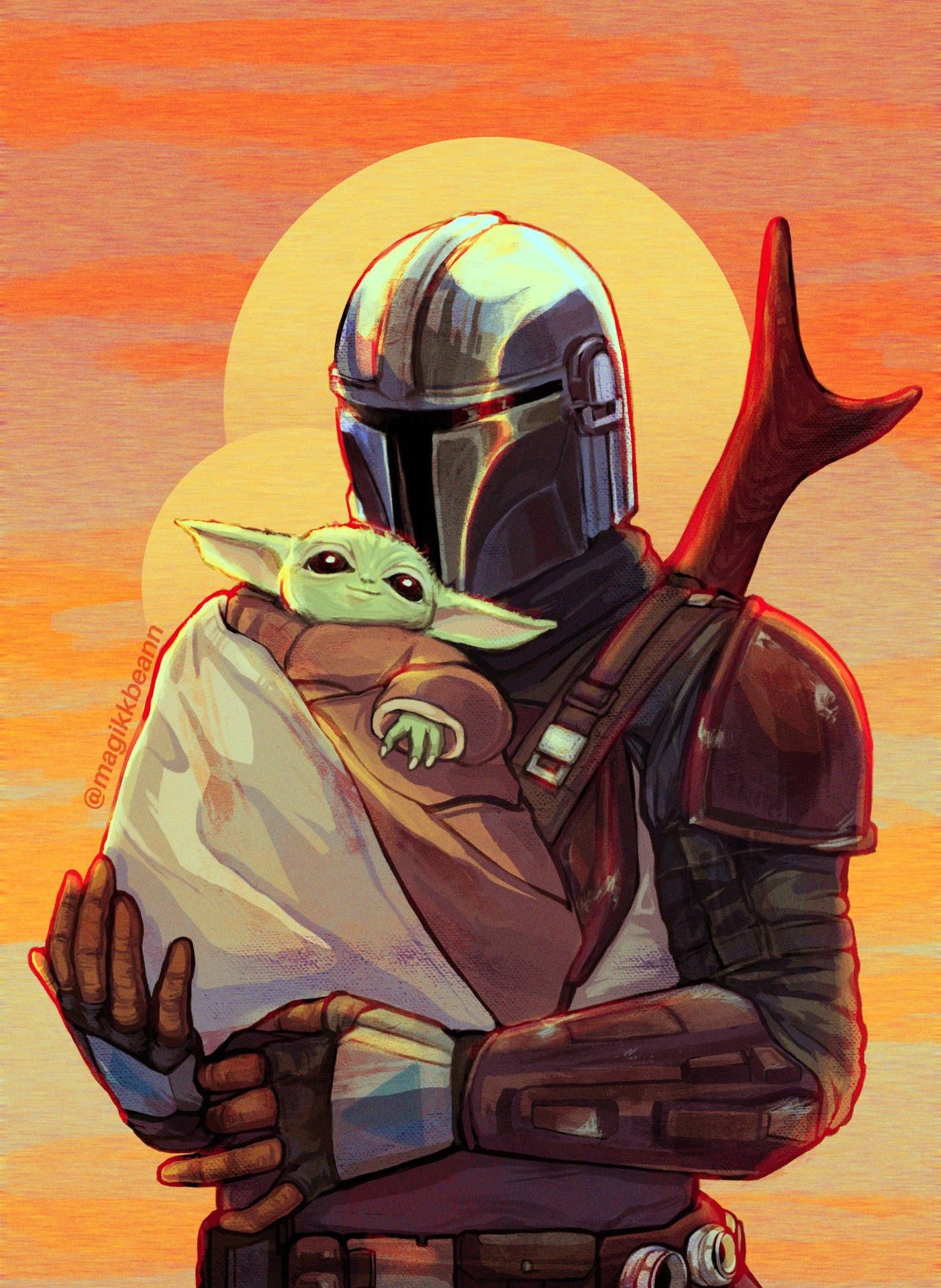 Din Djarin, Grogu, Baby Yoda, Fan-Art, Heiligenschein, Orange, Hintergrundbild fürs Tablet