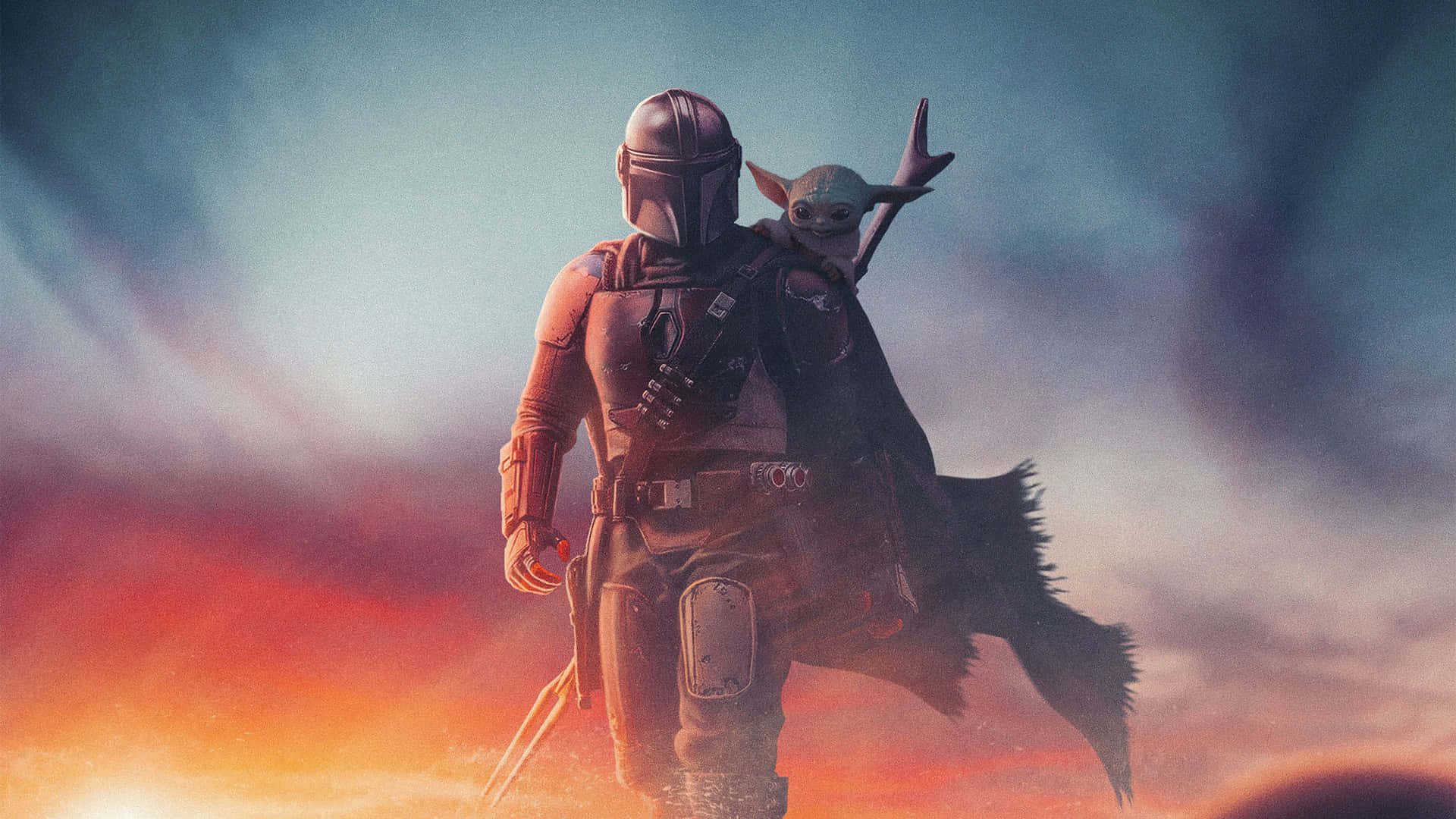 Din Djarin, Grogu, The Mandalorian, Umhang, Digitale Malerei, Sonnenuntergang, Full-HD-Hintergrundbild