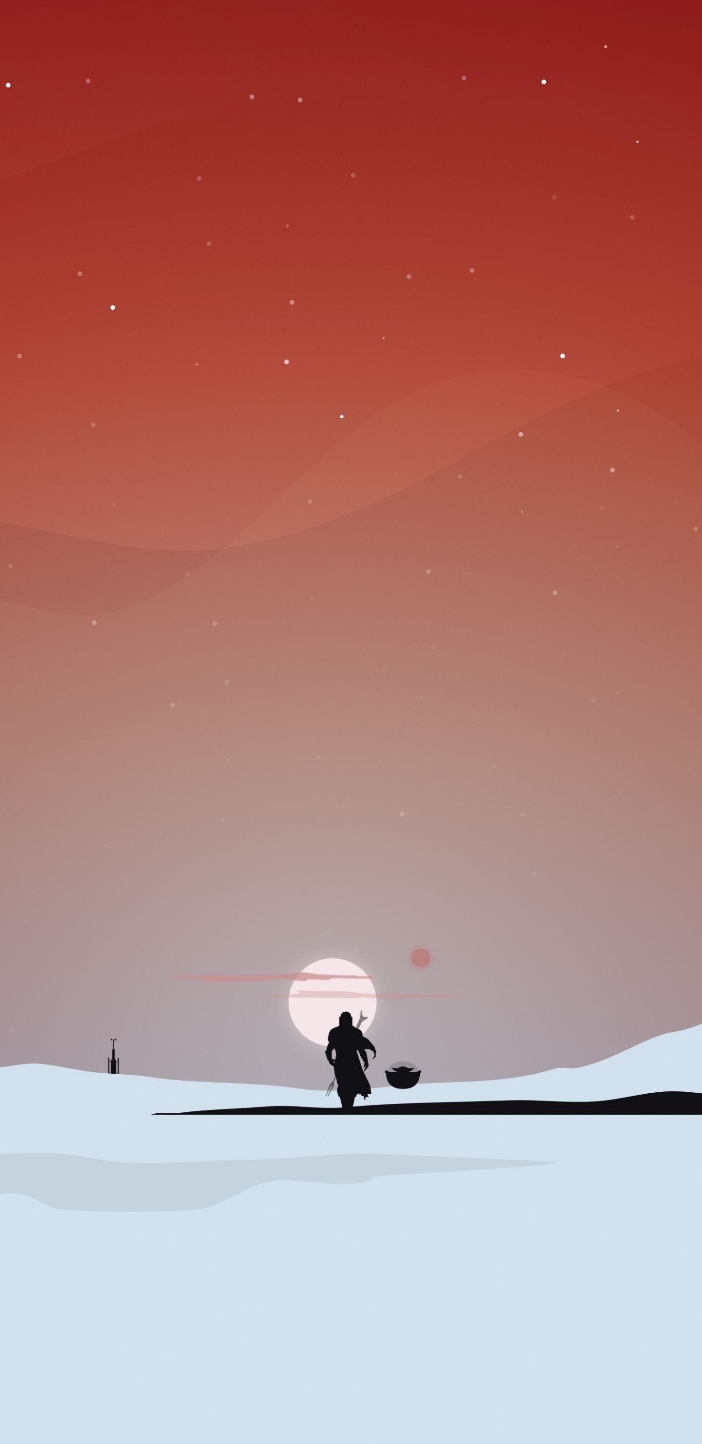 The Mandalorian, Minimalismus, Schneelandschaft, Rote Sonne, Silhouette, QHD+, Handy-Hintergrund