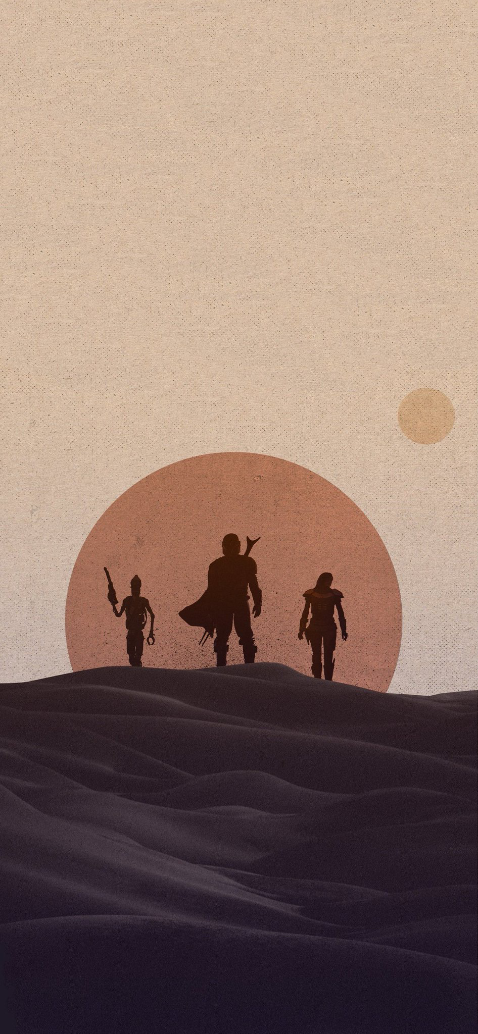 The Mandalorian, Silhouetten, Wüste, Doppelsonne, Minimalismus, Star Wars, HD, iPhone-Hintergrundbild