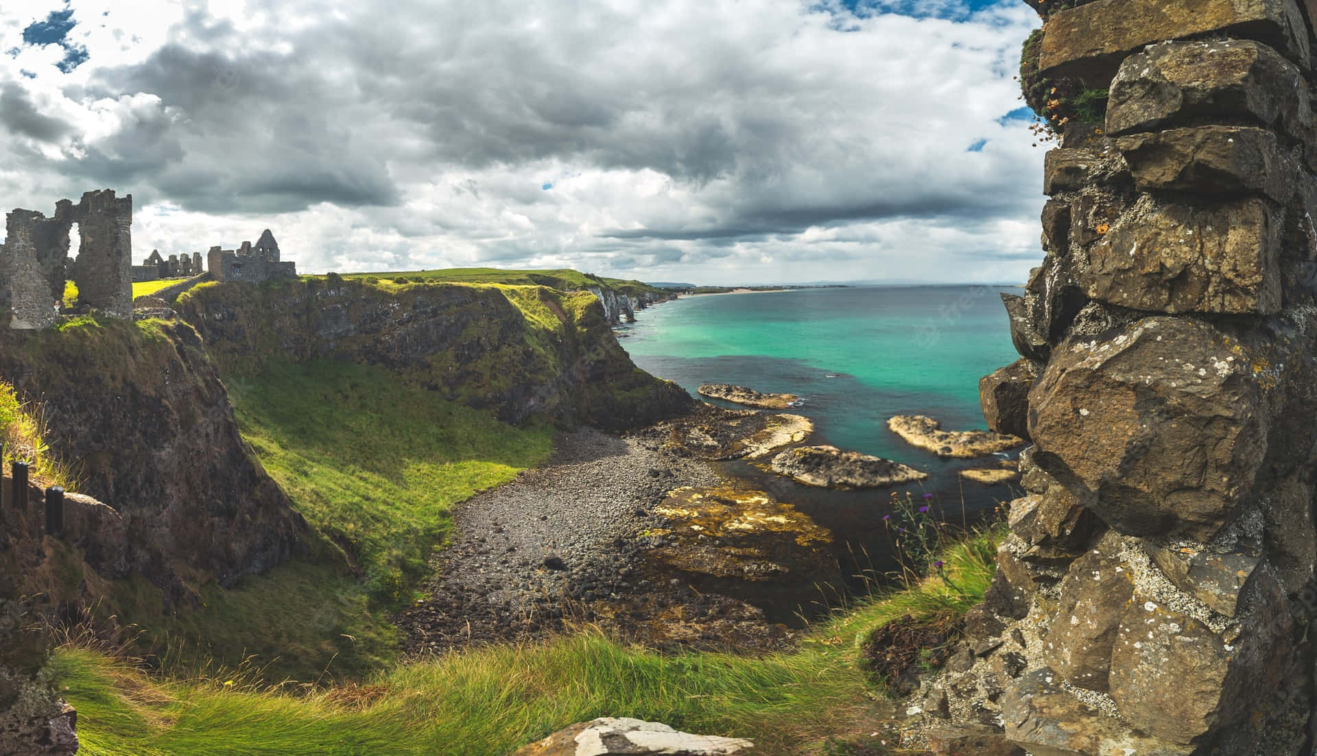 Burgruine, Küste, Türkises Wasser, Felsen, Irland, Full HD, Desktop-Hintergrund für Windows