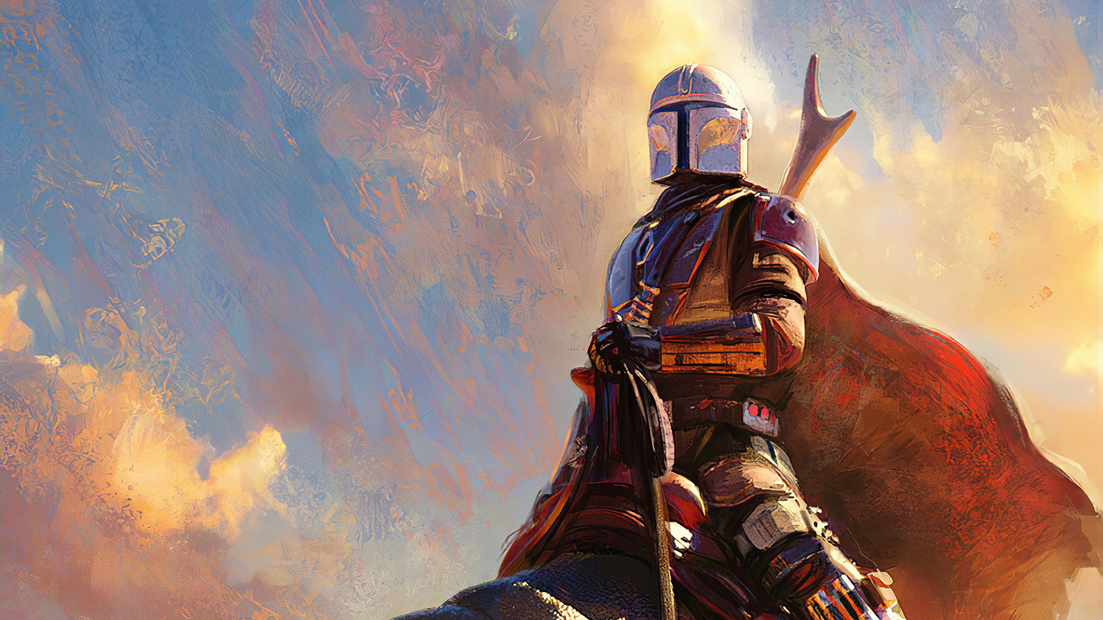 Din Djarin, Grogu, The Mandalorian, Digitale Malerei, Umhang, Himmel, 4K, Desktop-Hintergrund
